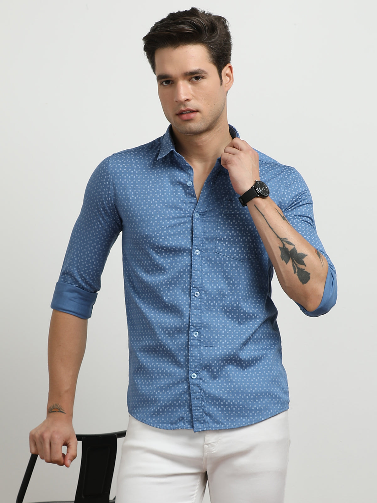 Men’s Blue Micro Printed Slim Fit Casual Shirt By Black Thread