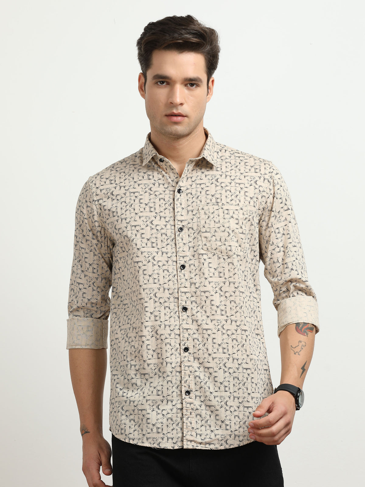 Men’s Beige Abstract Printed Slim Fit Casual Shirt By Black Thread