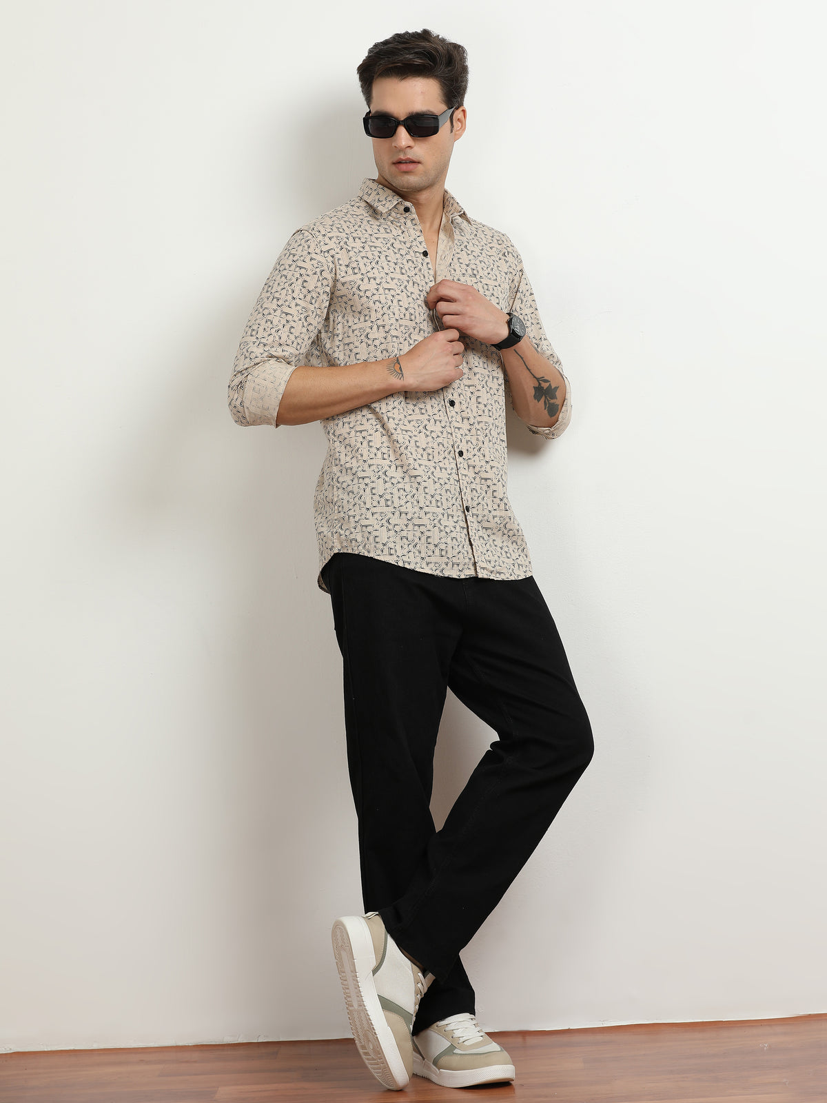 Men’s Beige Abstract Printed Slim Fit Casual Shirt By Black Thread