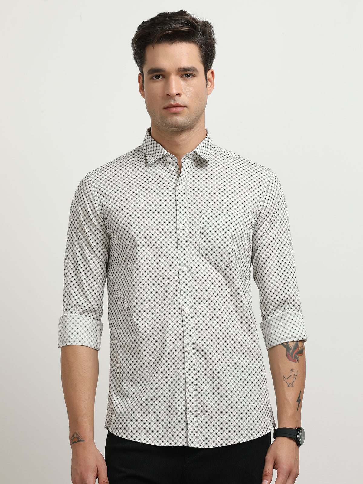 Men’s White & Black Geometric Printed Slim Fit Casual Shirt By Black Thread