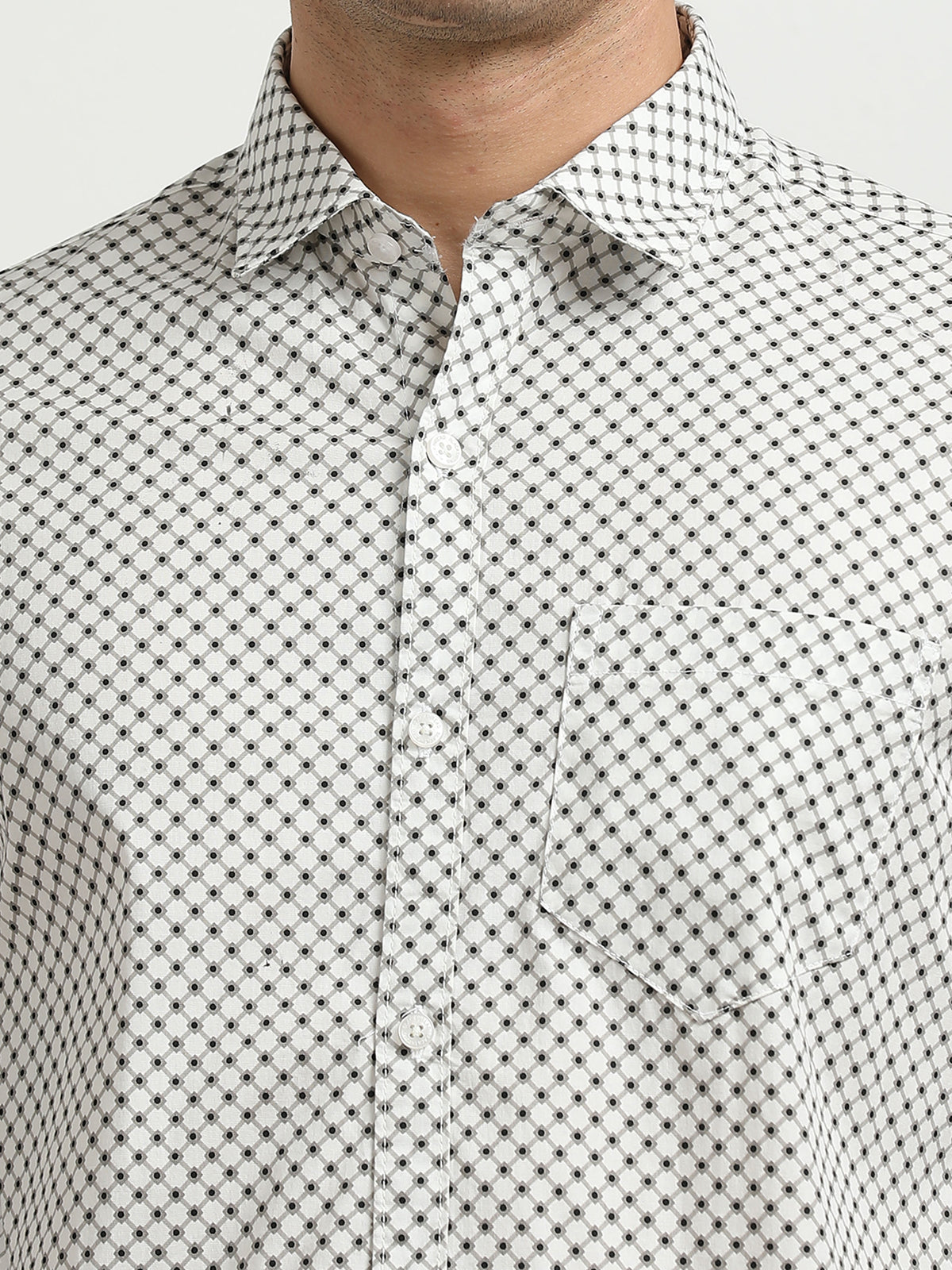 Men’s White & Black Geometric Printed Slim Fit Casual Shirt By Black Thread
