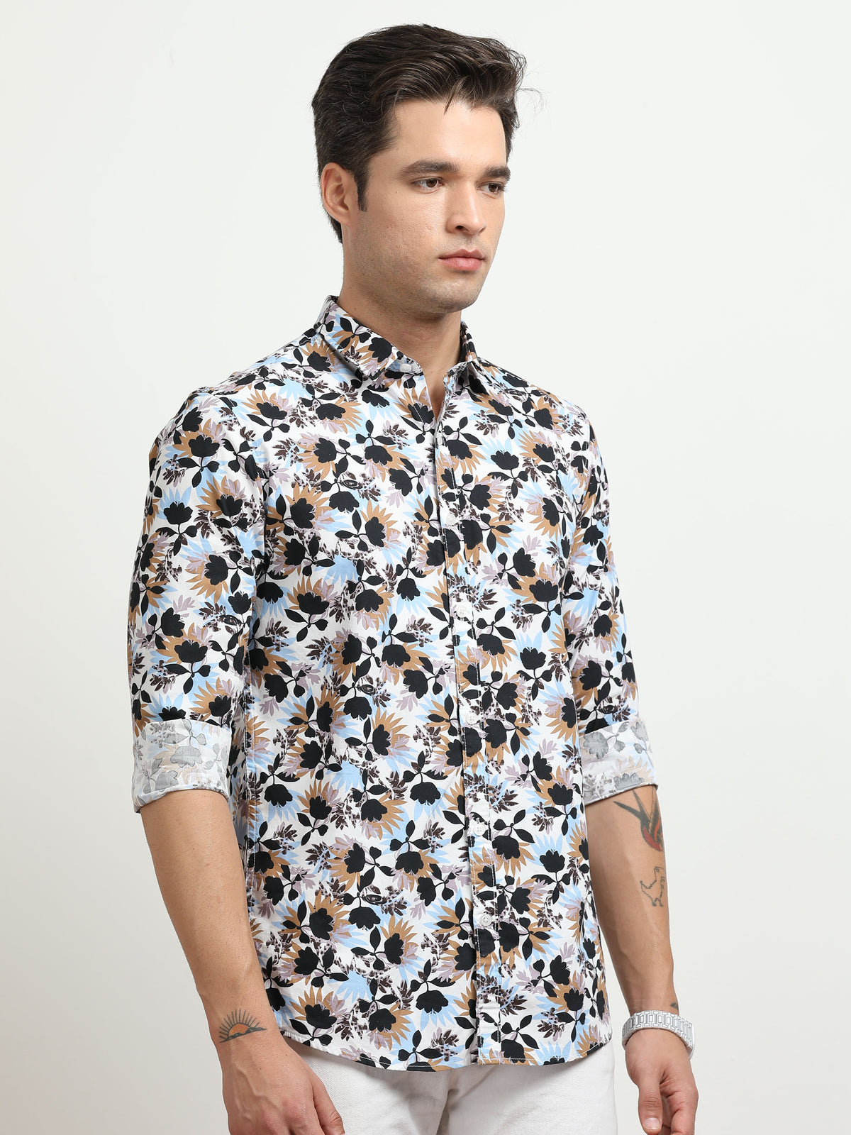 Men’s White Multi-Colored Floral Printed Slim Fit Casual Shirt By Black Thread