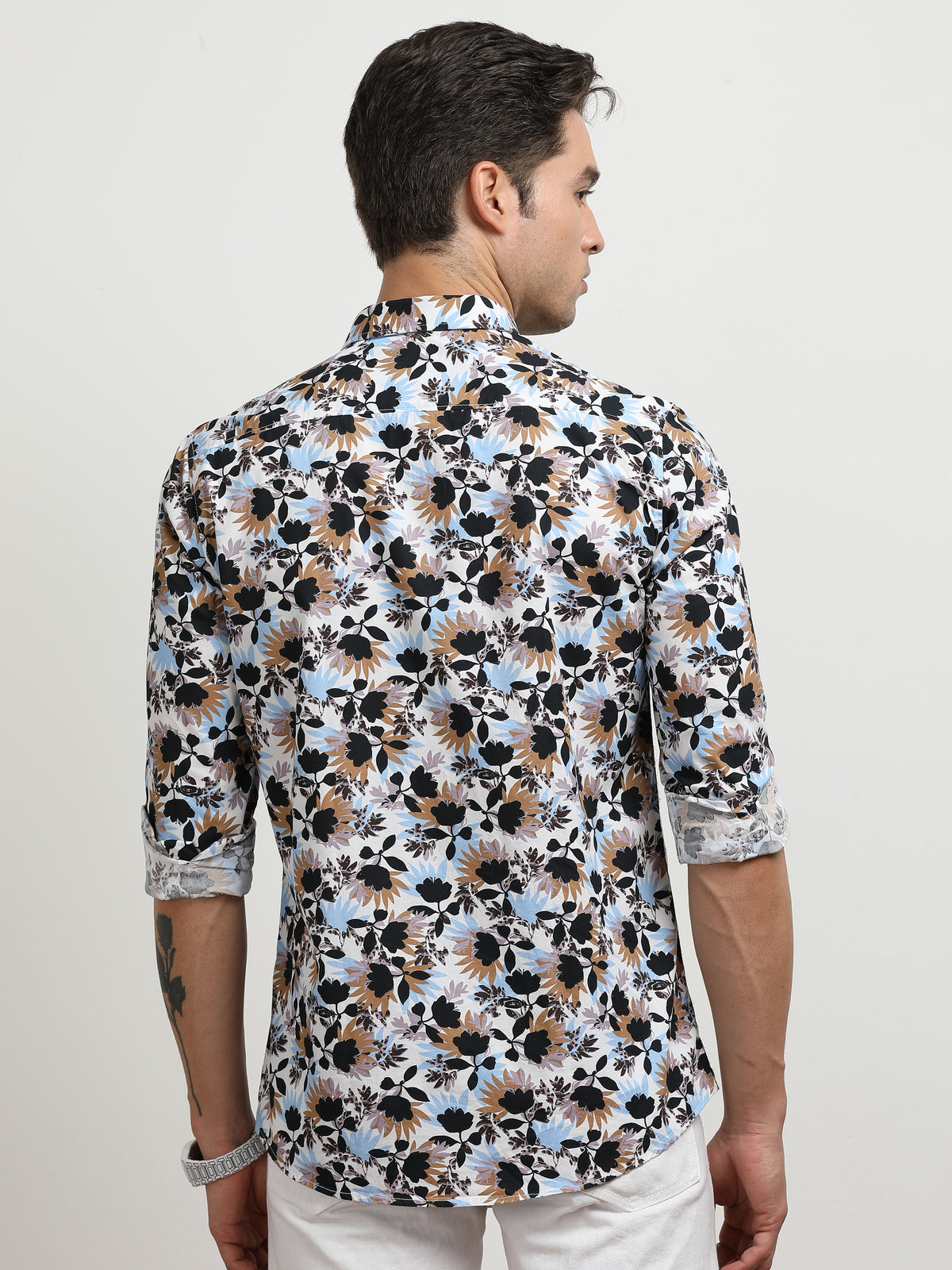 Men’s White Multi-Colored Floral Printed Slim Fit Casual Shirt By Black Thread