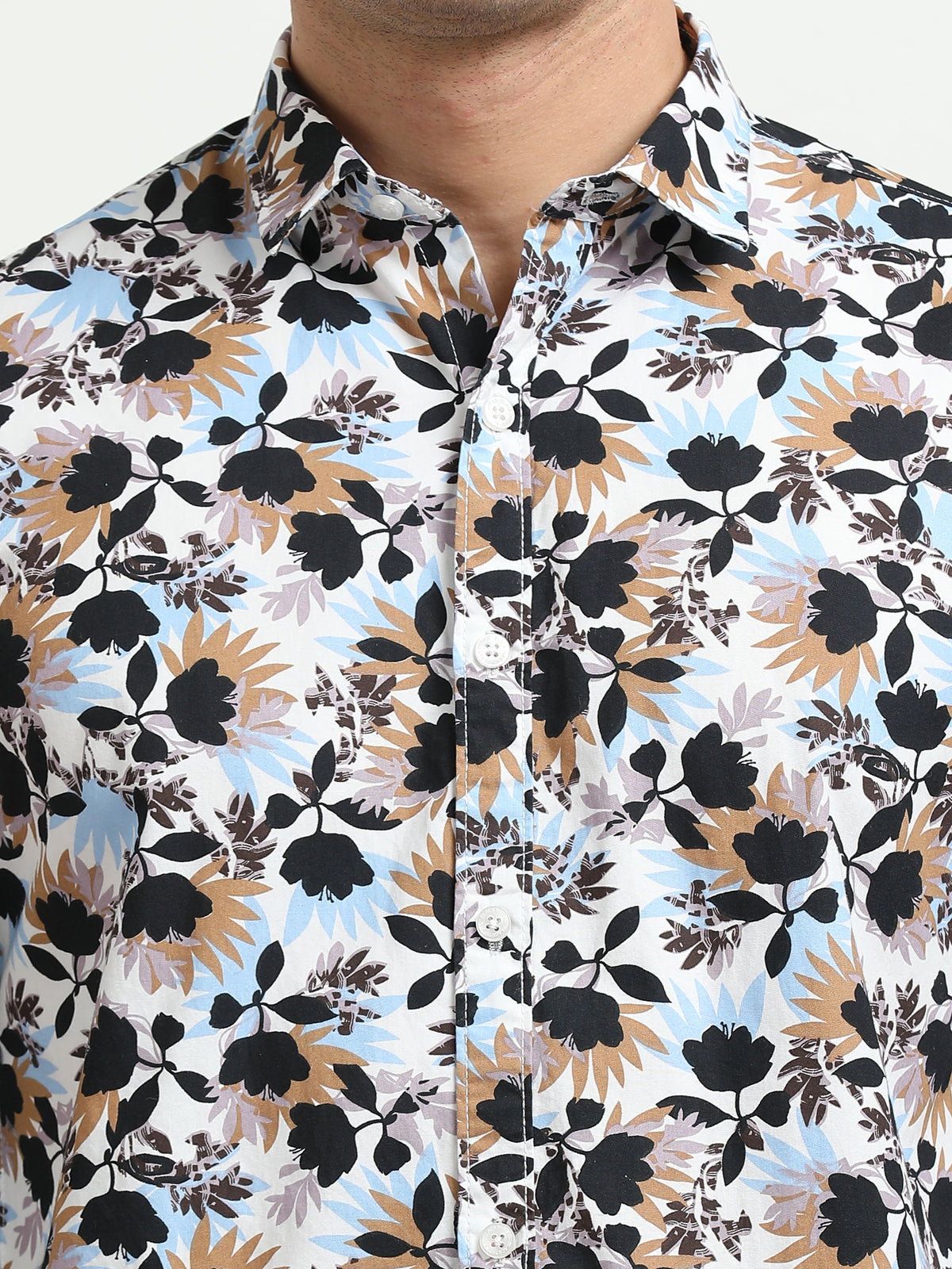 Men’s White Multi-Colored Floral Printed Slim Fit Casual Shirt By Black Thread