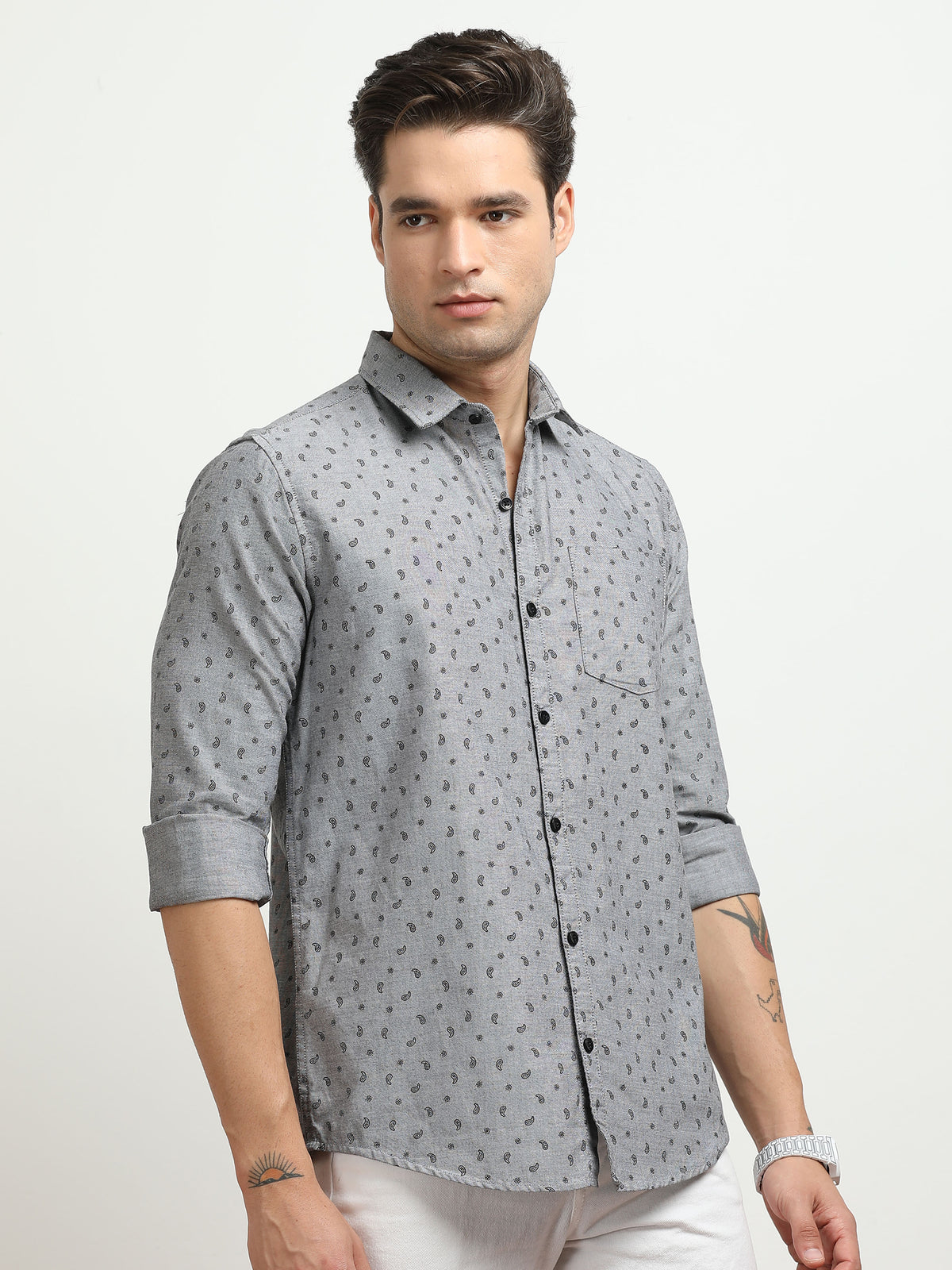 Men’s Grey Micro Printed Slim Fit Casual Shirt By Black Thread