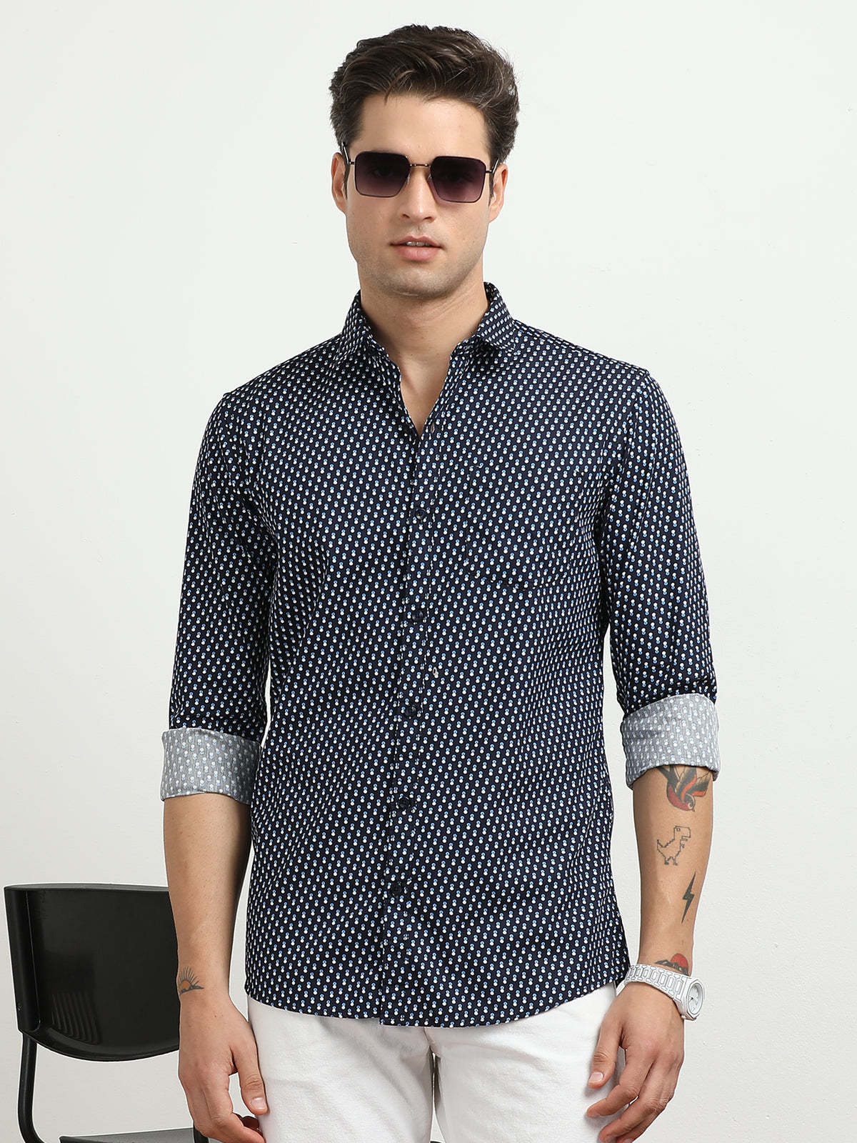 Men’s Navy Blue Geometric Printed Slim Fit Shirt By Black Thread