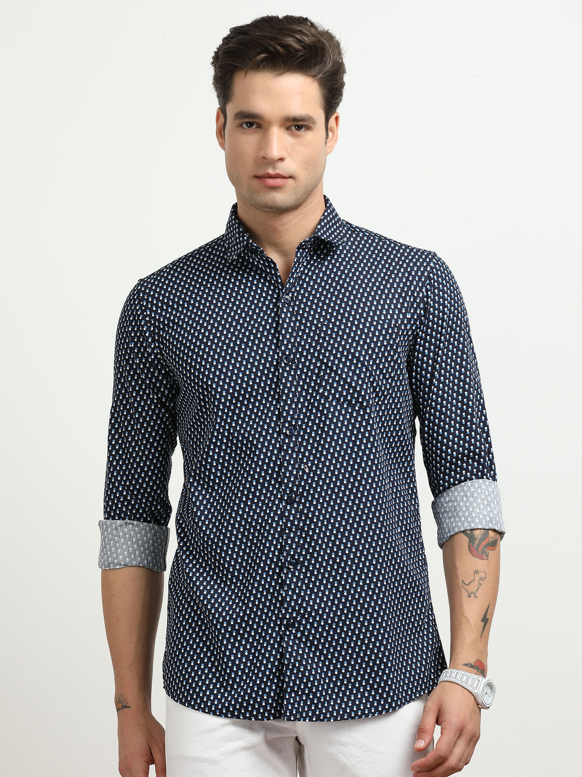 Men’s Navy Blue Geometric Printed Slim Fit Shirt By Black Thread