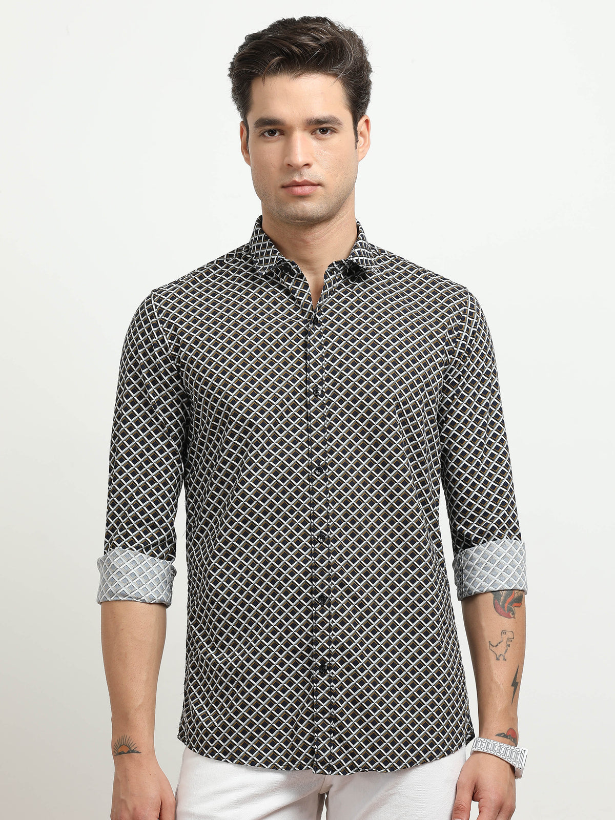 Men’s Black & Beige Geometric Printed Casual Shirt By Black Thread