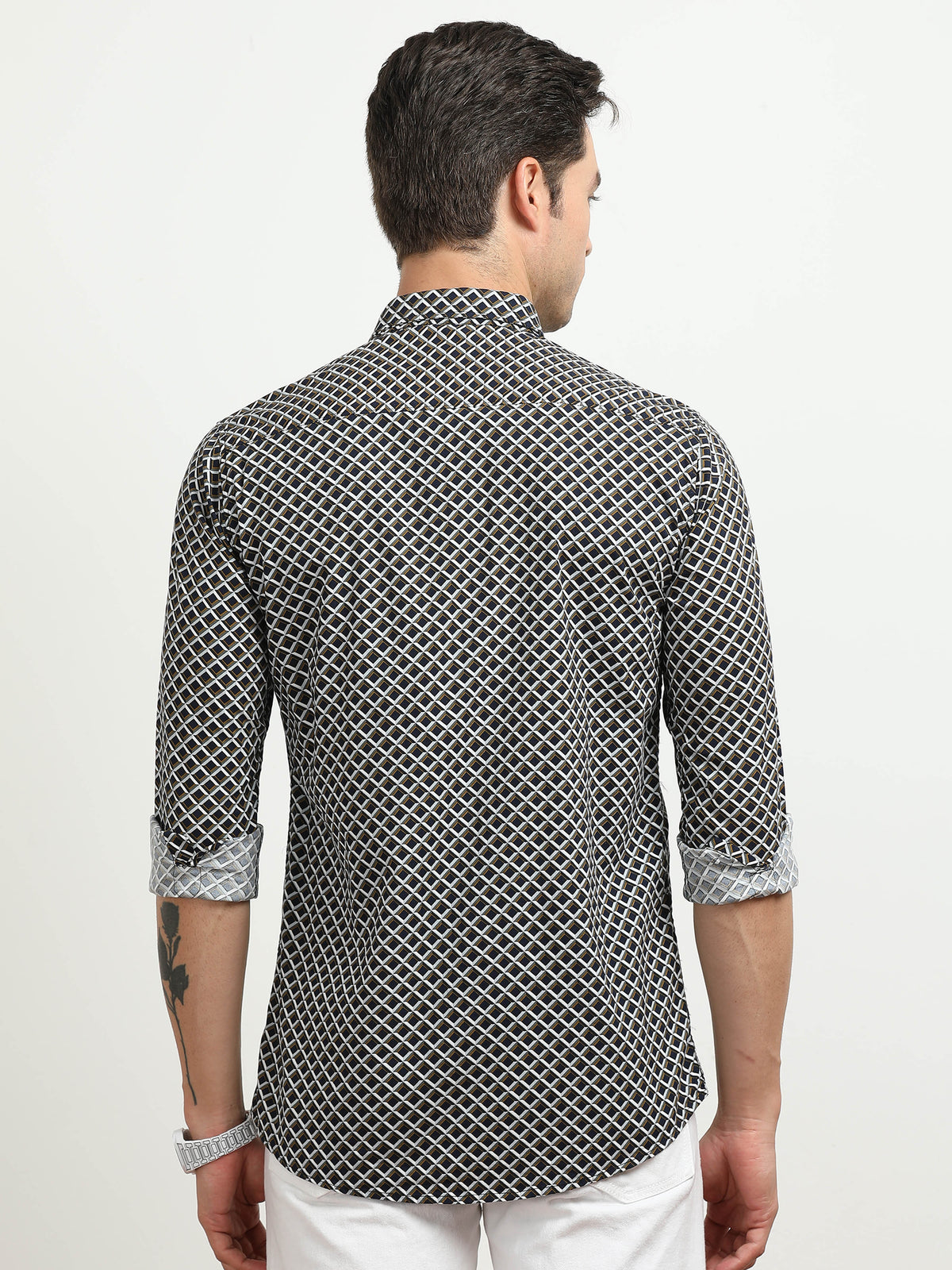 Men’s Black & Beige Geometric Printed Casual Shirt By Black Thread