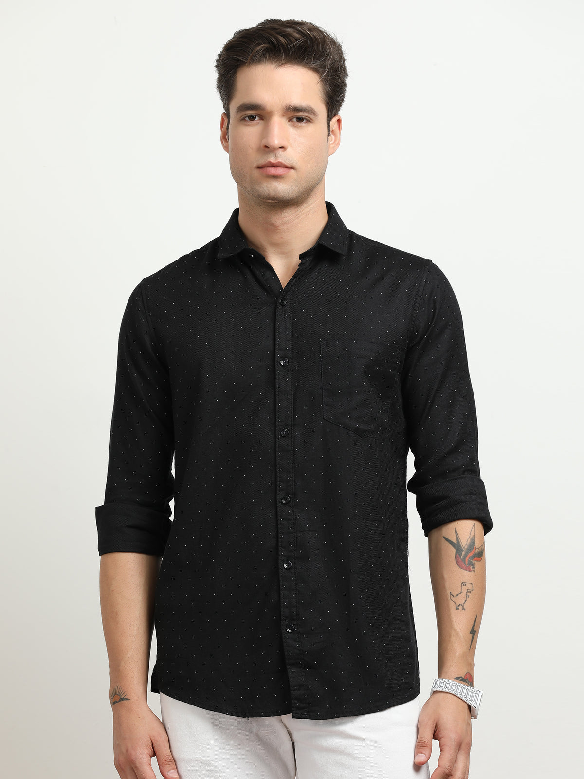 Men’s Black Micro Dot Printed Slim Fit Casual Shirt By Black Thread