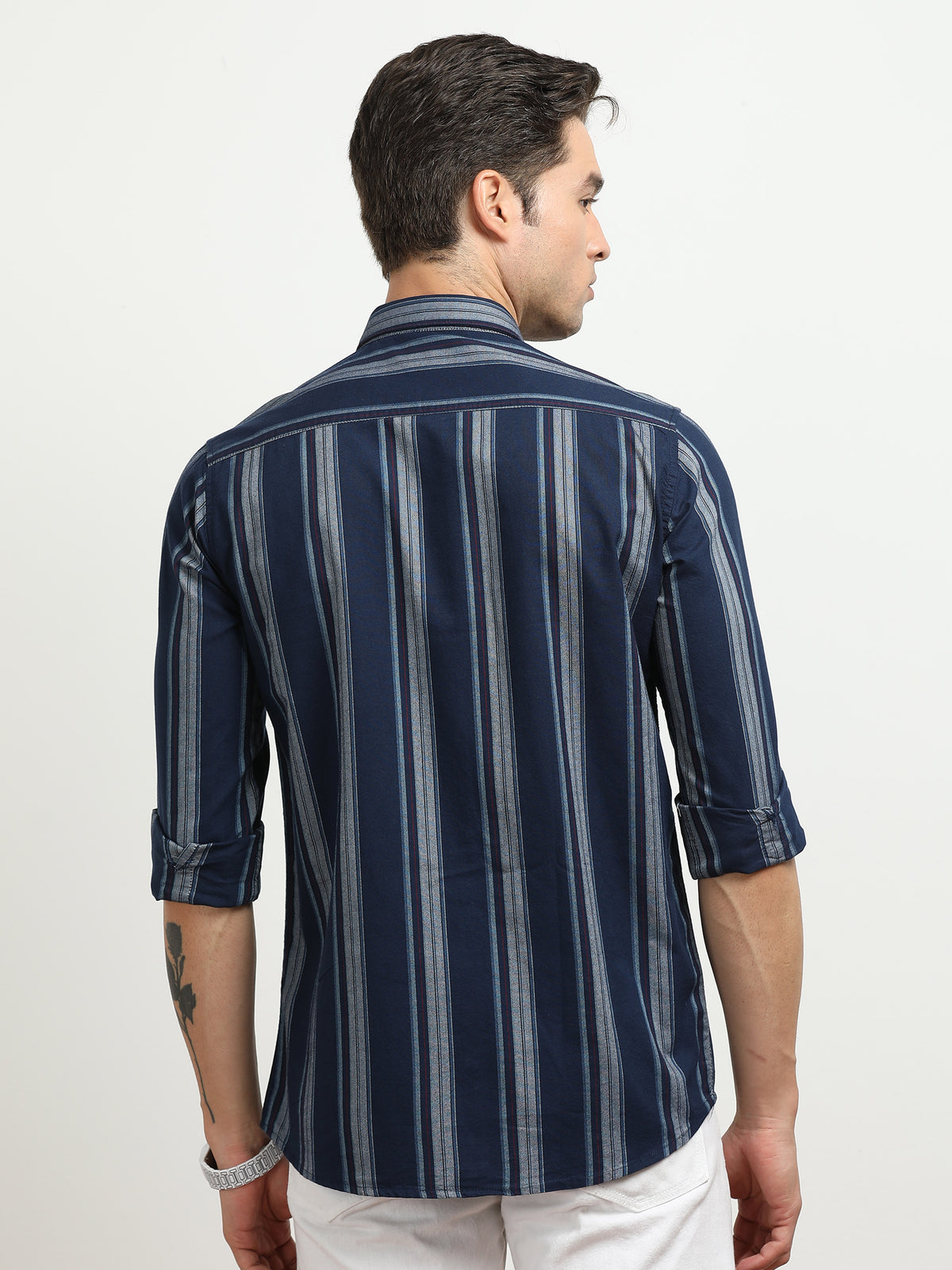 Men’s Navy Blue Vertical Striped Casual Shirt By Black Thread