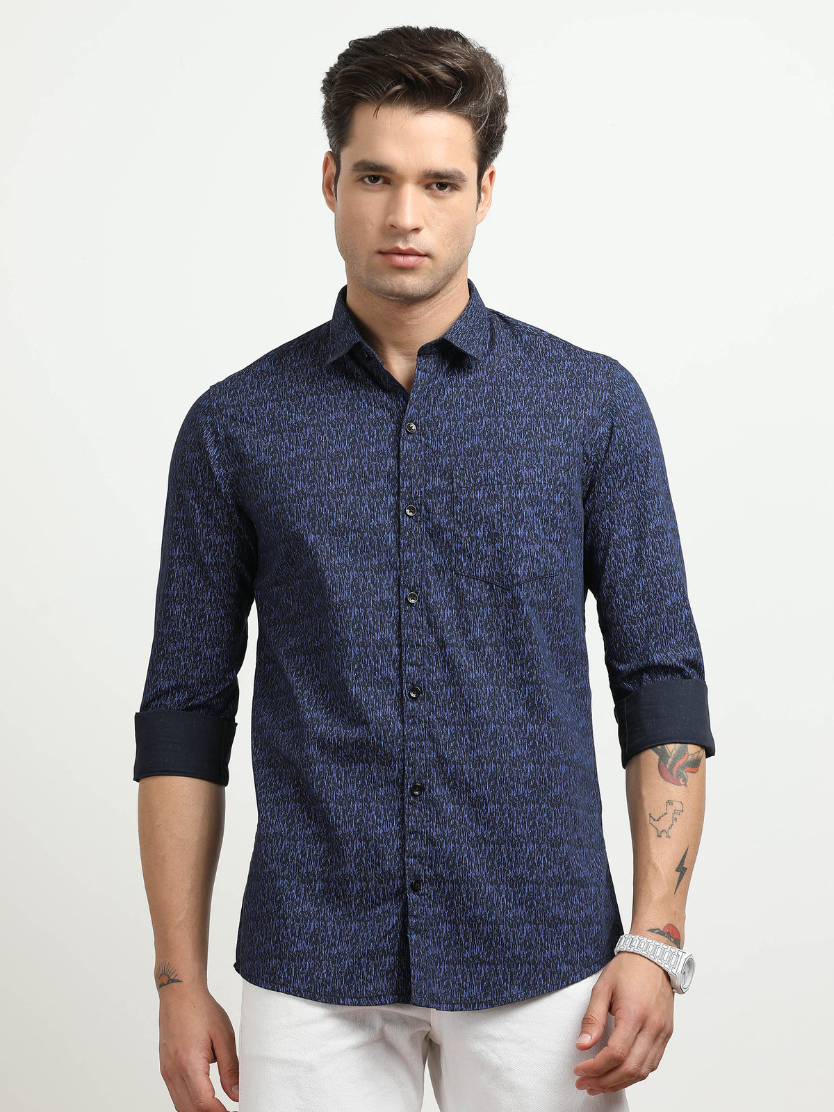 Men’s Navy Blue Abstract Printed Slim Fit Casual Shirt By Black Thread