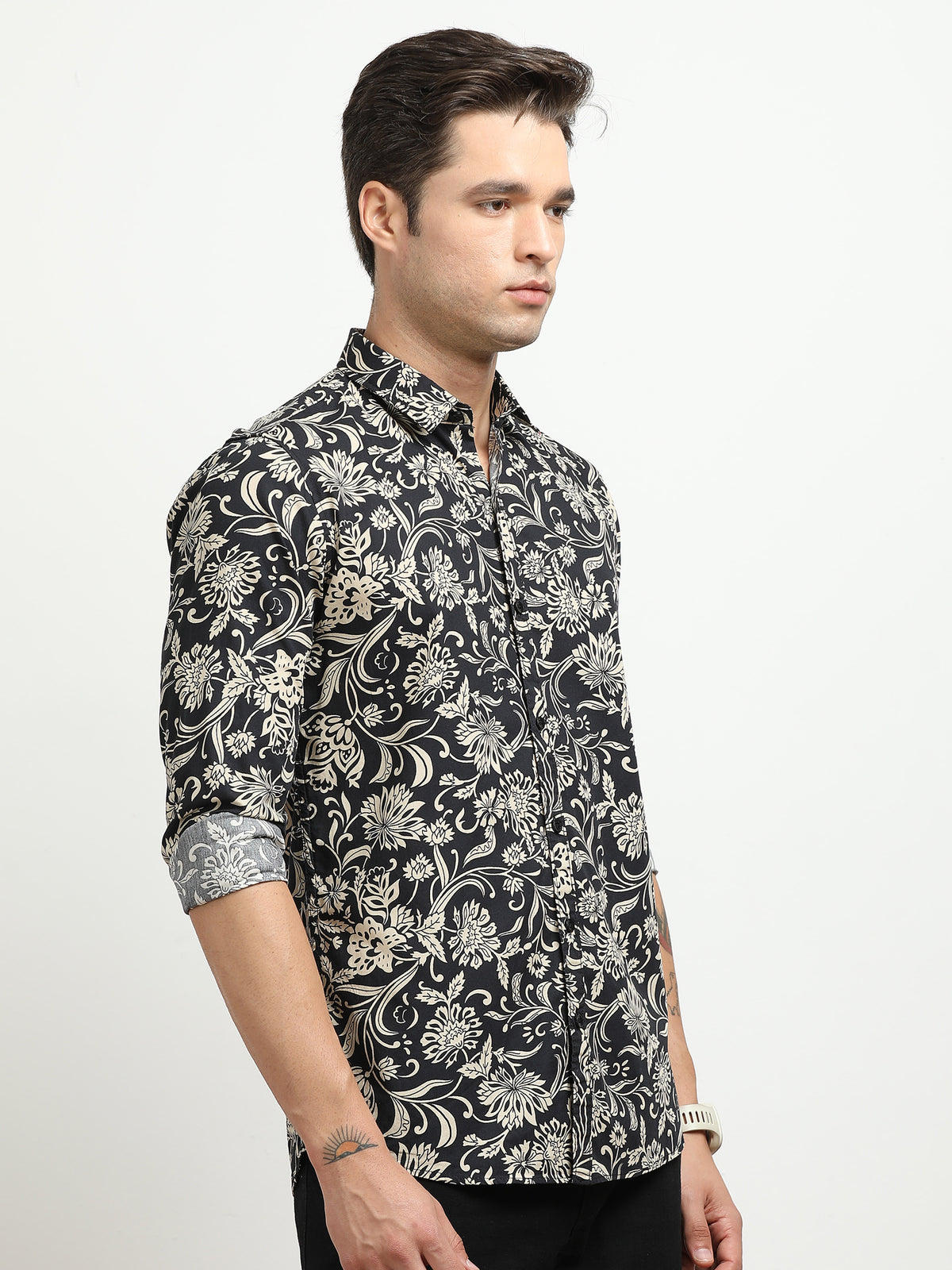 Men’s Black & Beige Floral Printed Slim Fit Casual Shirt By Black Thread