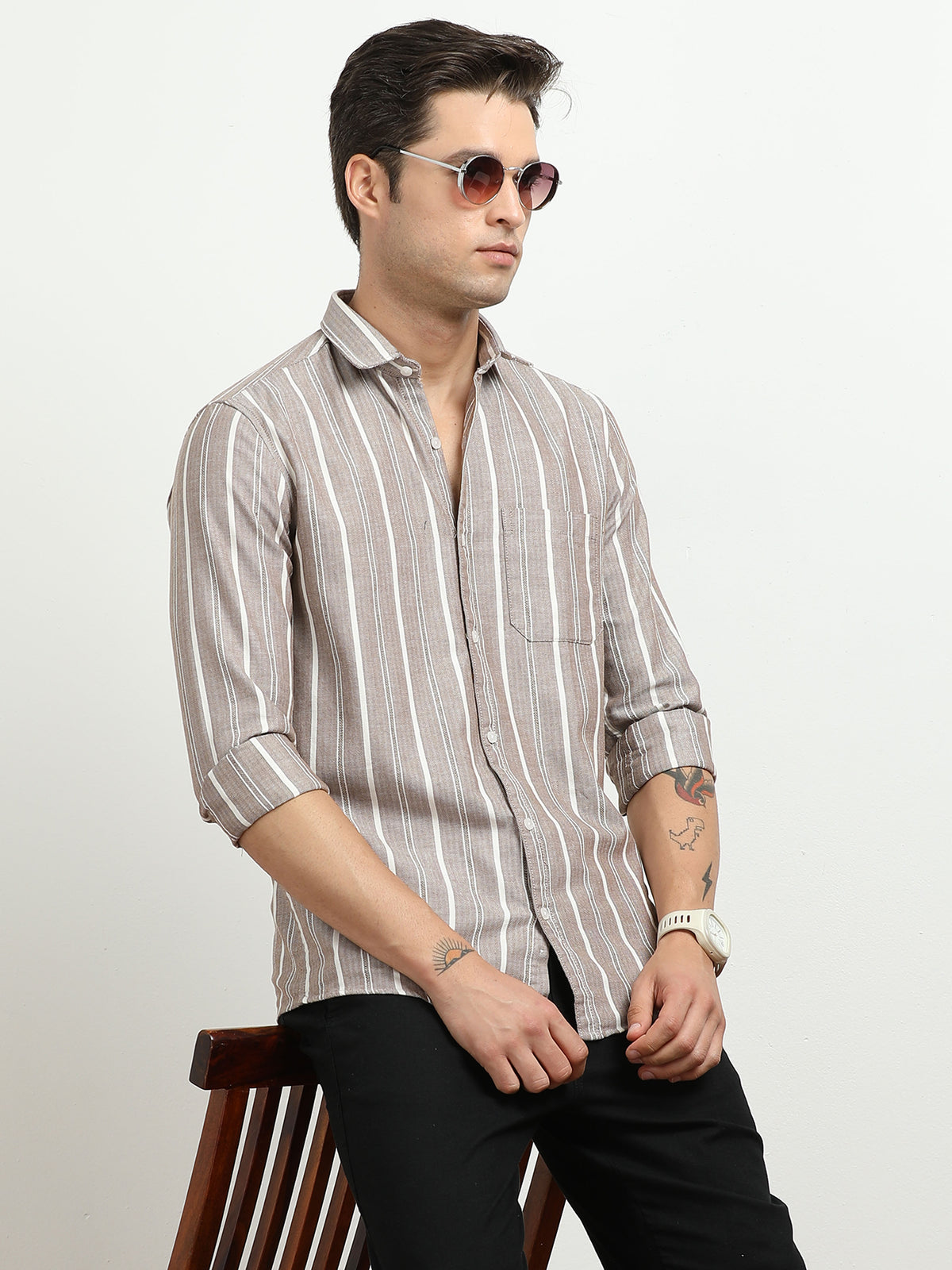 Men’s Brown & White Vertical Striped Slim Fit Casual Shirt By Black Thread