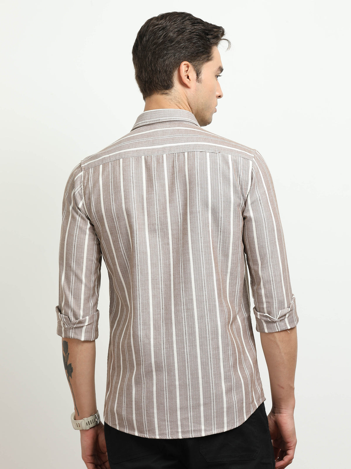 Men’s Brown & White Vertical Striped Slim Fit Casual Shirt By Black Thread