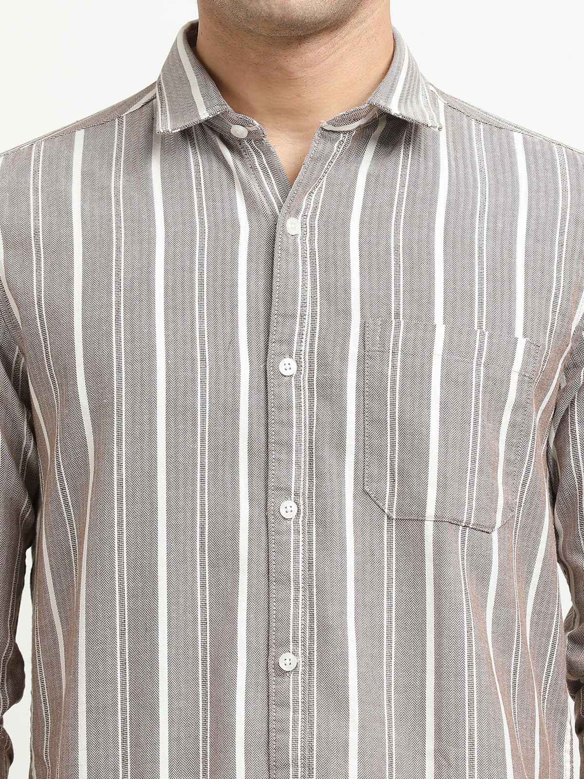 Men’s Brown & White Vertical Striped Slim Fit Casual Shirt By Black Thread