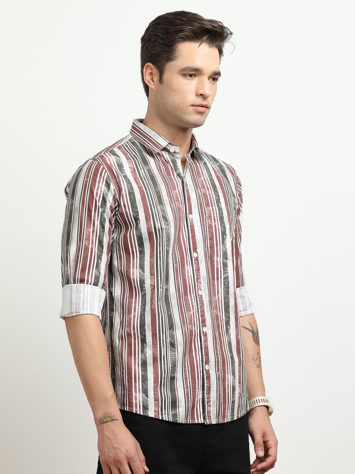 Men’s White with Maroon & Grey Vertical Striped Slim Fit Shirt By Black Thread