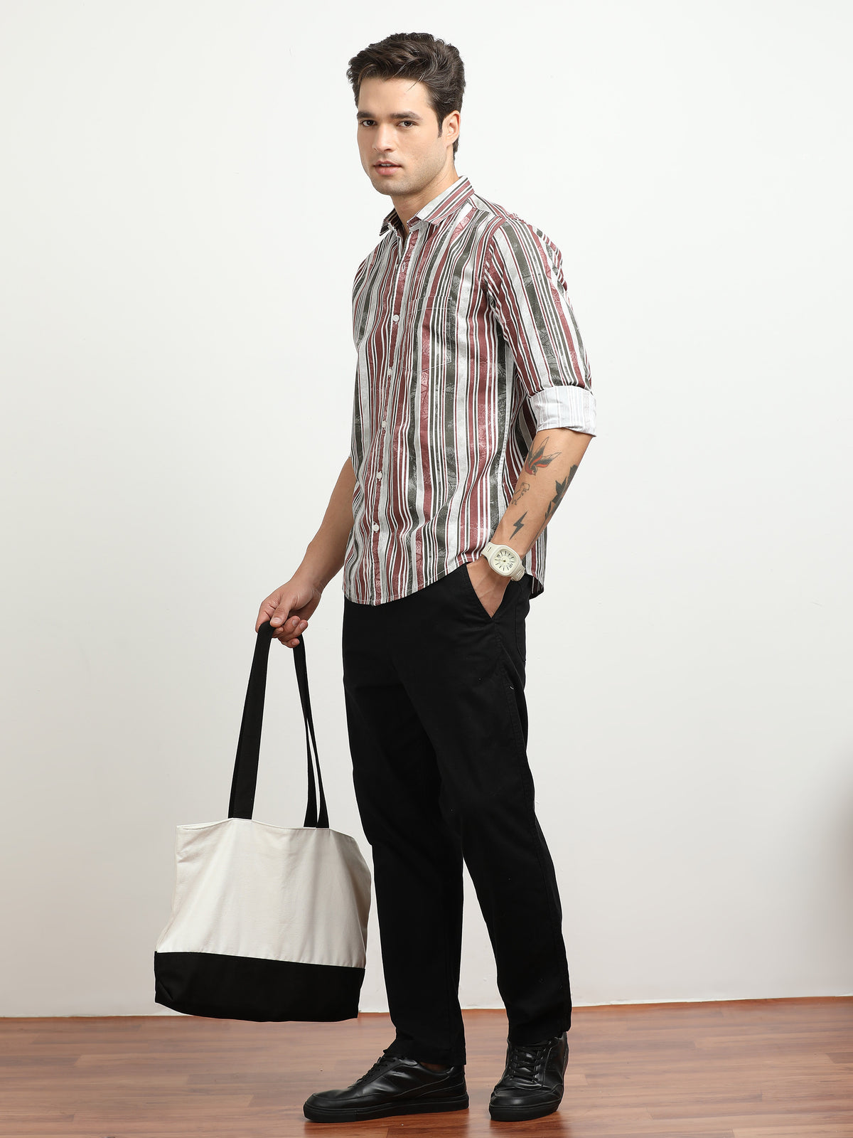 Men’s White with Maroon & Grey Vertical Striped Slim Fit Shirt By Black Thread