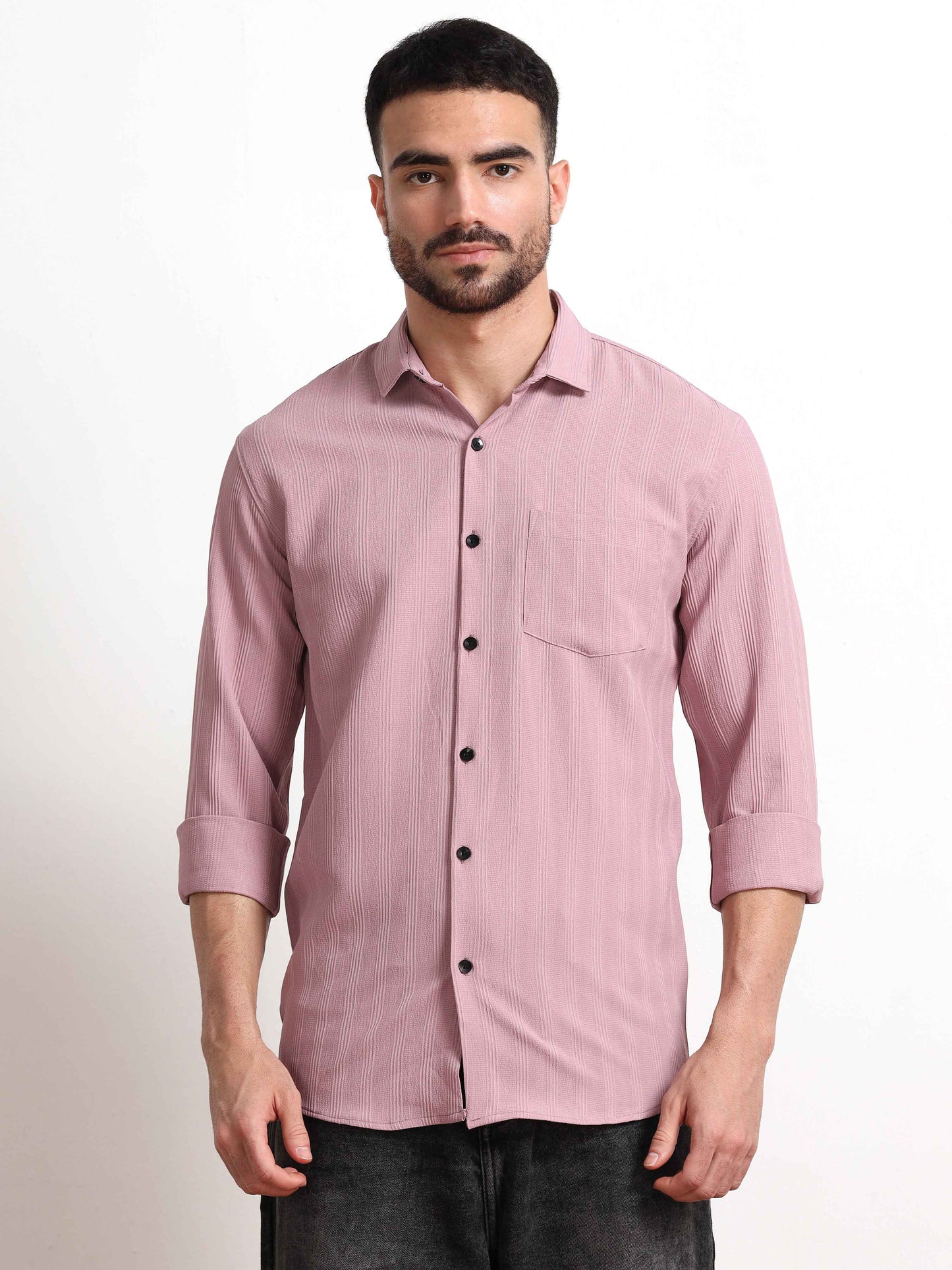 Pink Lines Textured Popcorn Fabric Shirt for Men