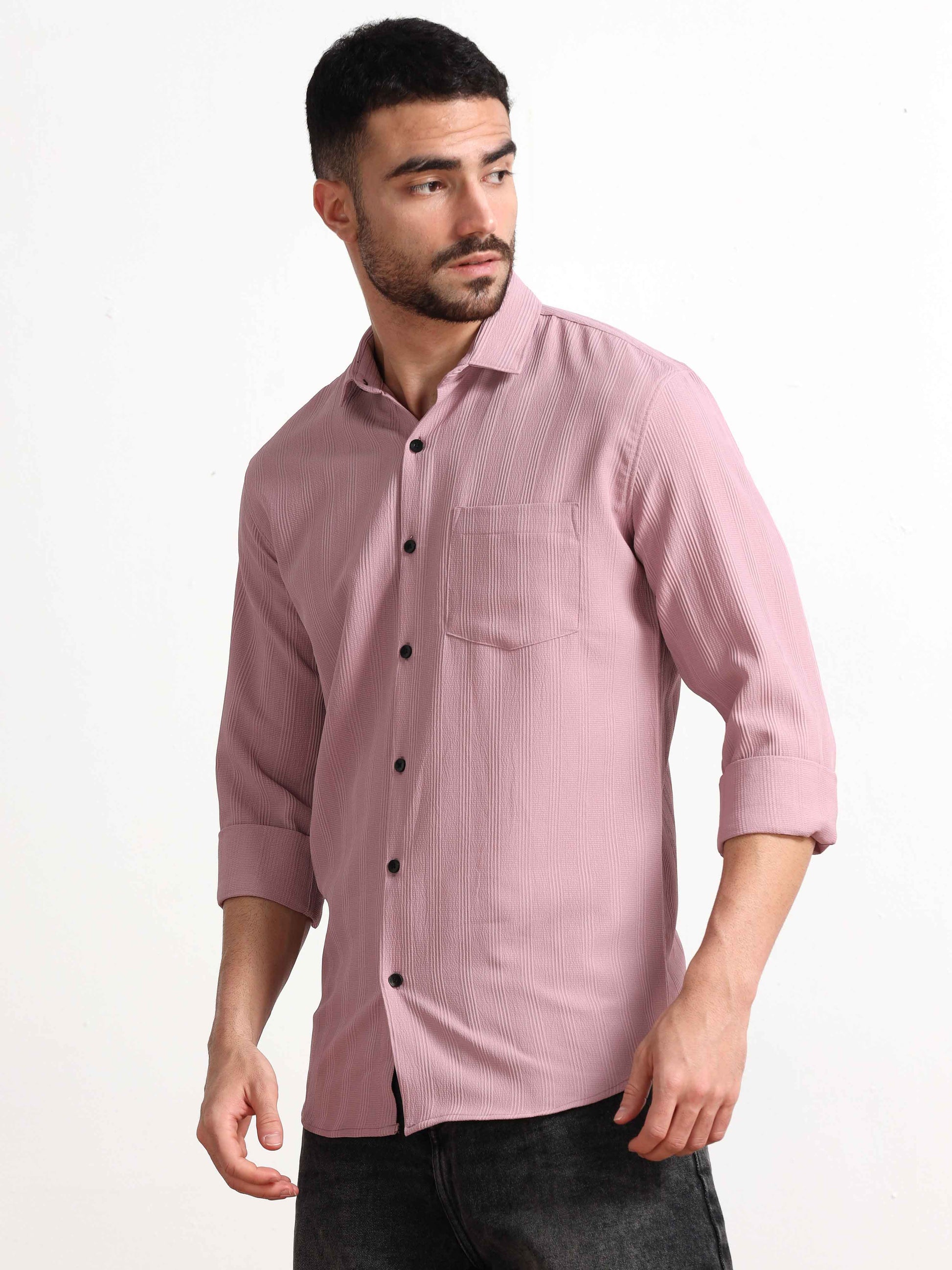 Pink Lines Textured Popcorn Fabric Shirt for Men