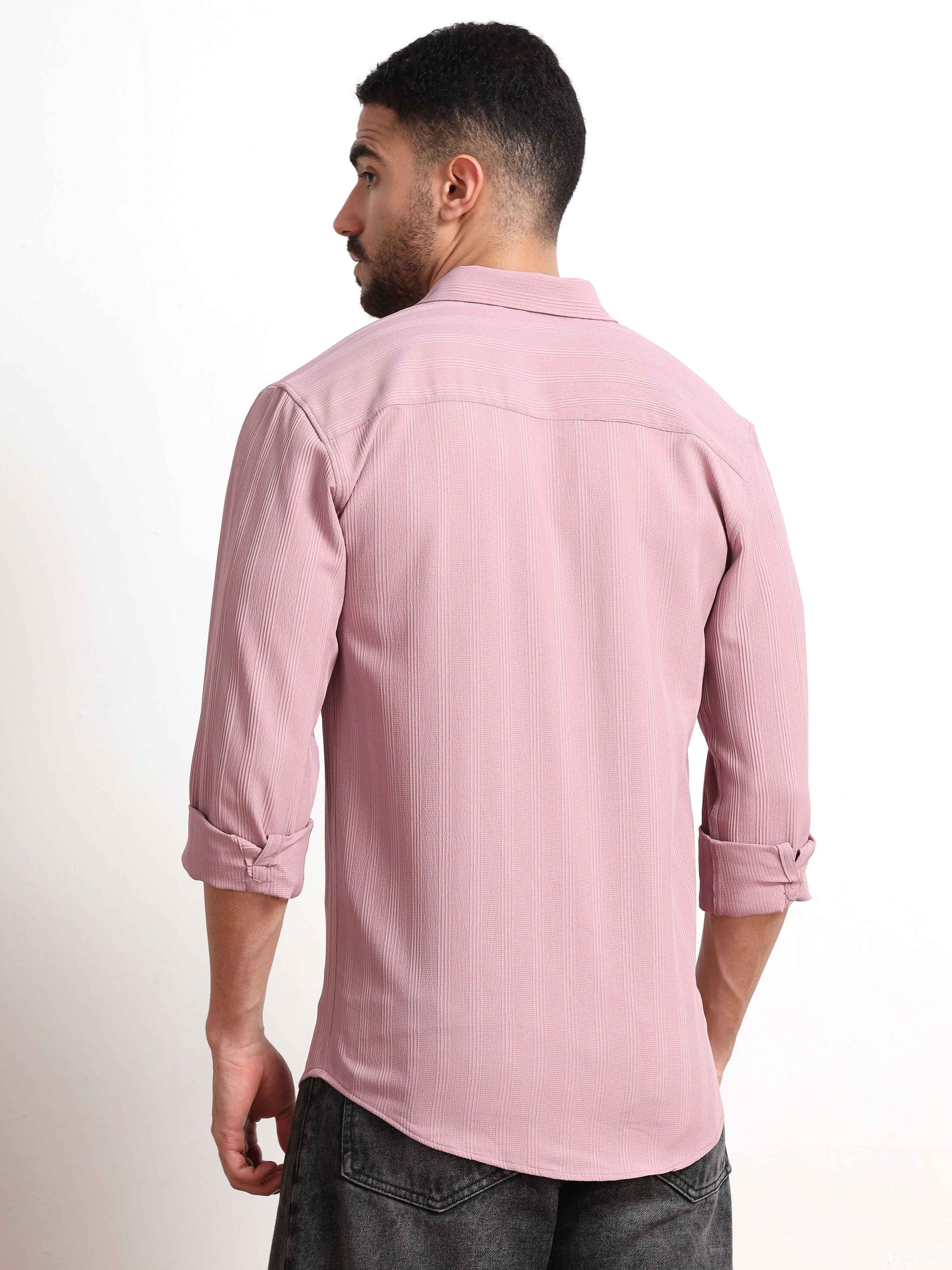 Pink Lines Textured Popcorn Fabric Shirt for Men