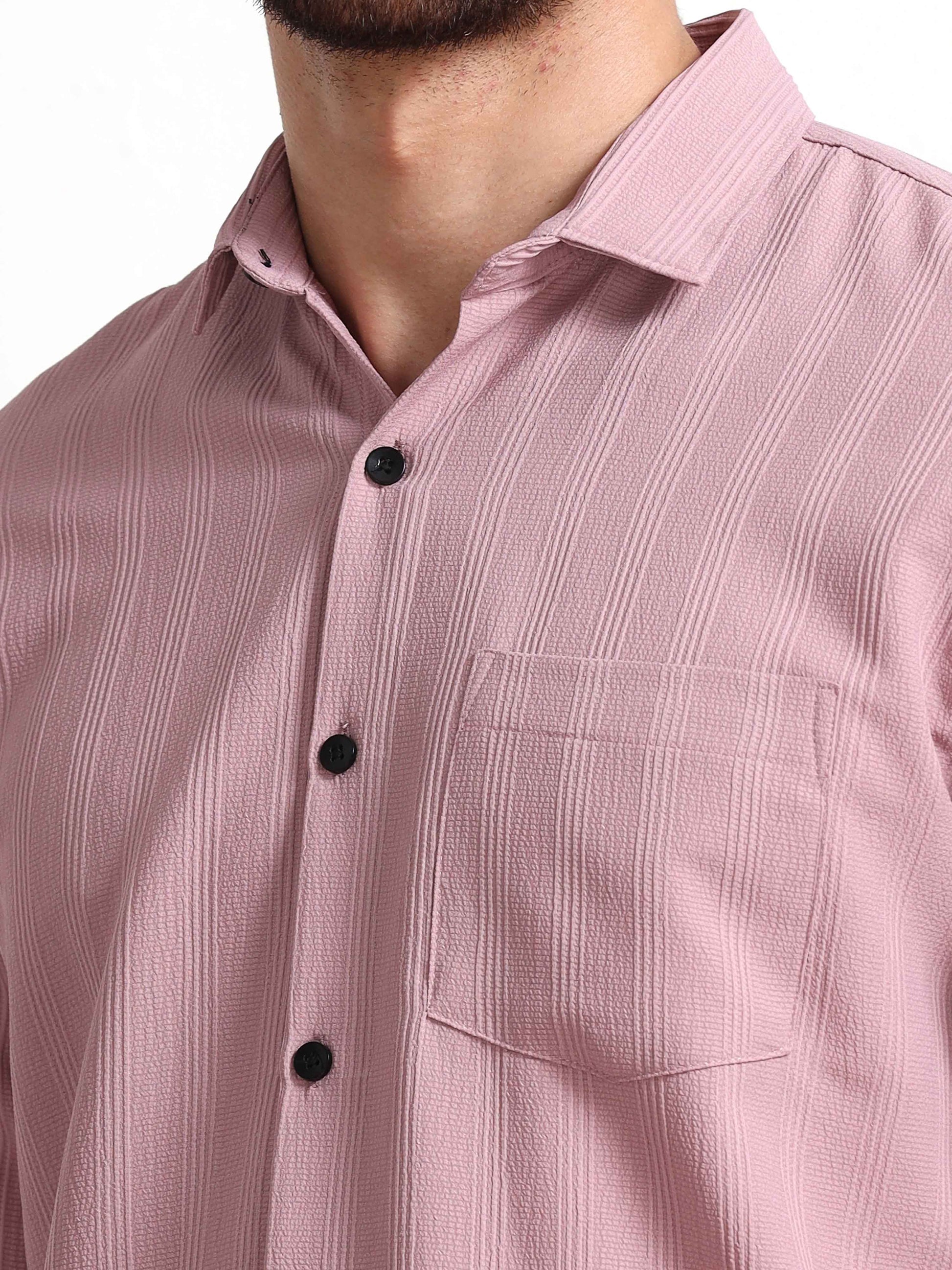 Pink Lines Textured Popcorn Fabric Shirt for Men