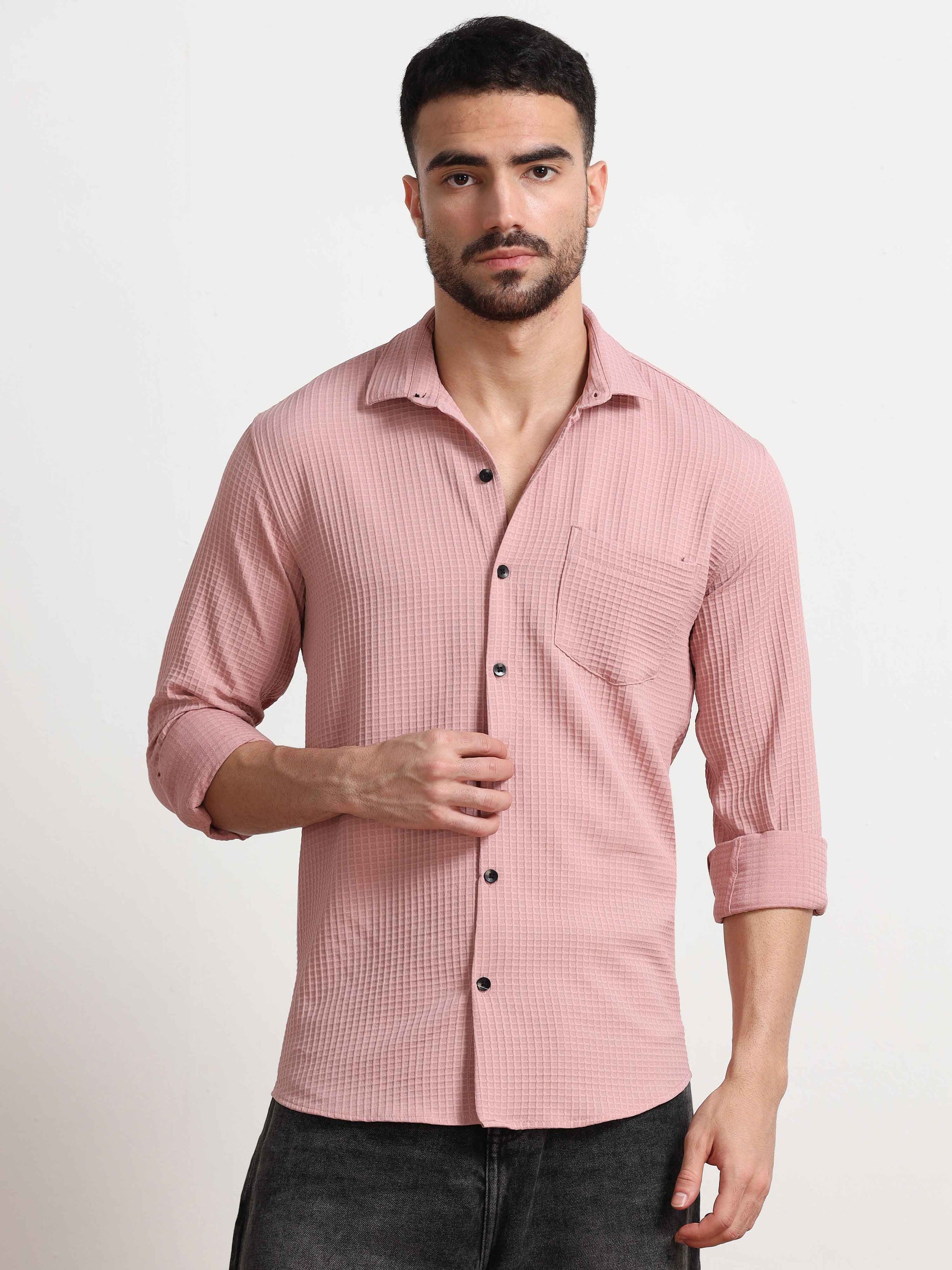 Peach Waffle Textured Men's Popcorn Shirt