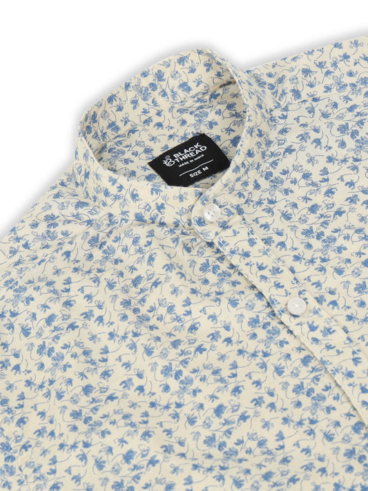 Men’s Cream & Blue Floral Printed Slim Fit Casual Shirt By Black Thread
