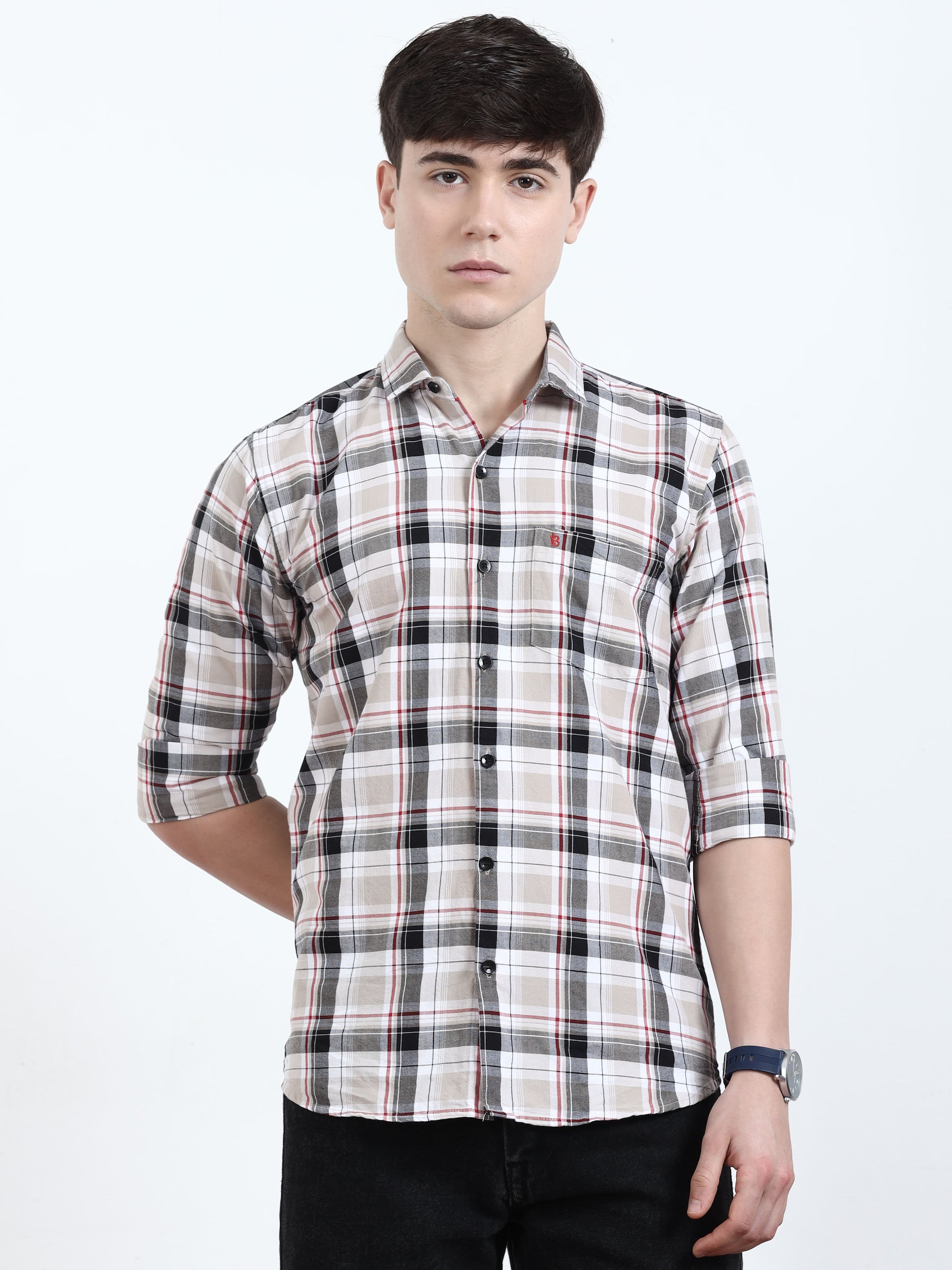 Classic Cream And Black Check Shirt​ For Men 