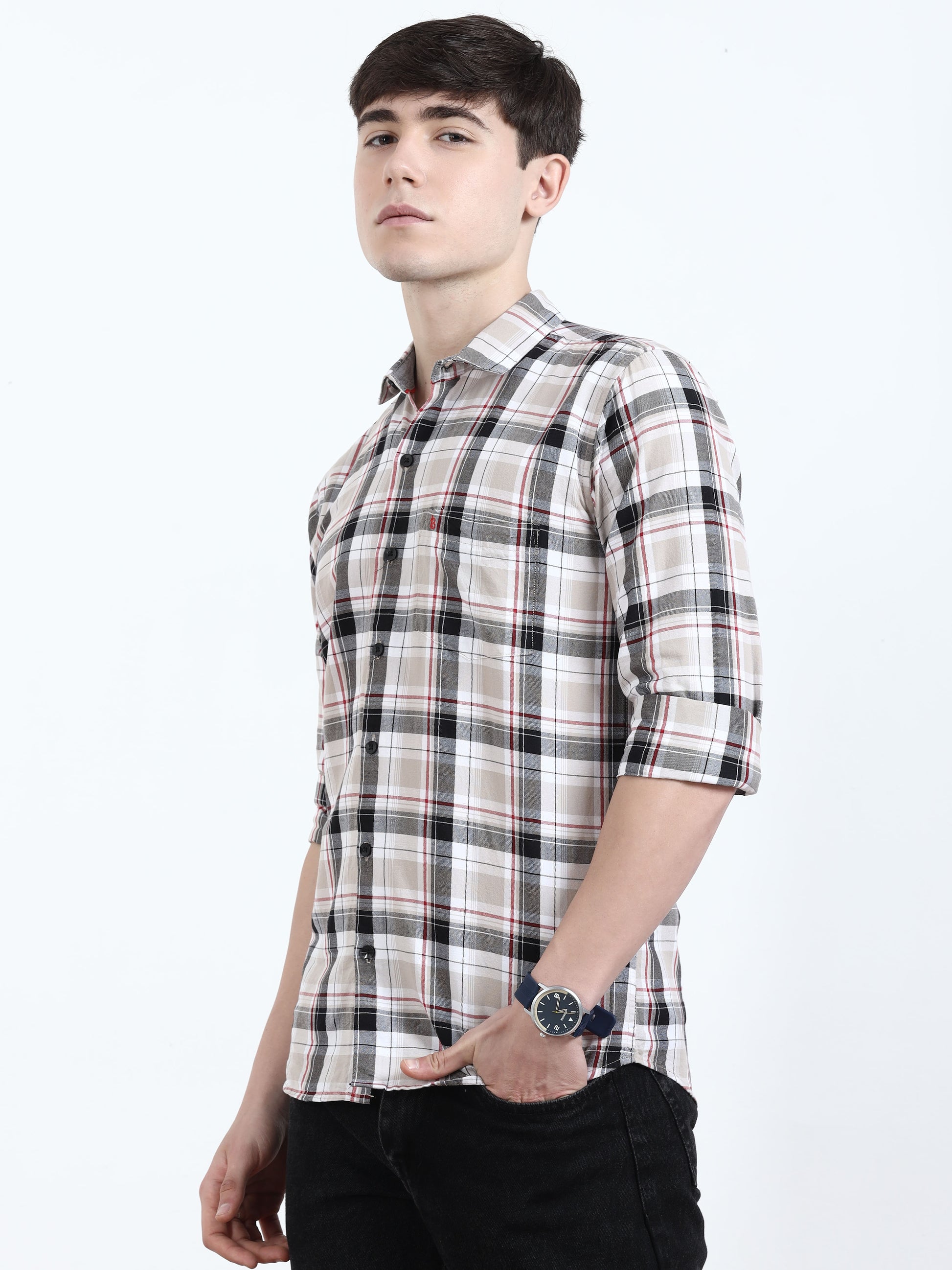 Classic Cream And Black Check Shirt​ For Men 