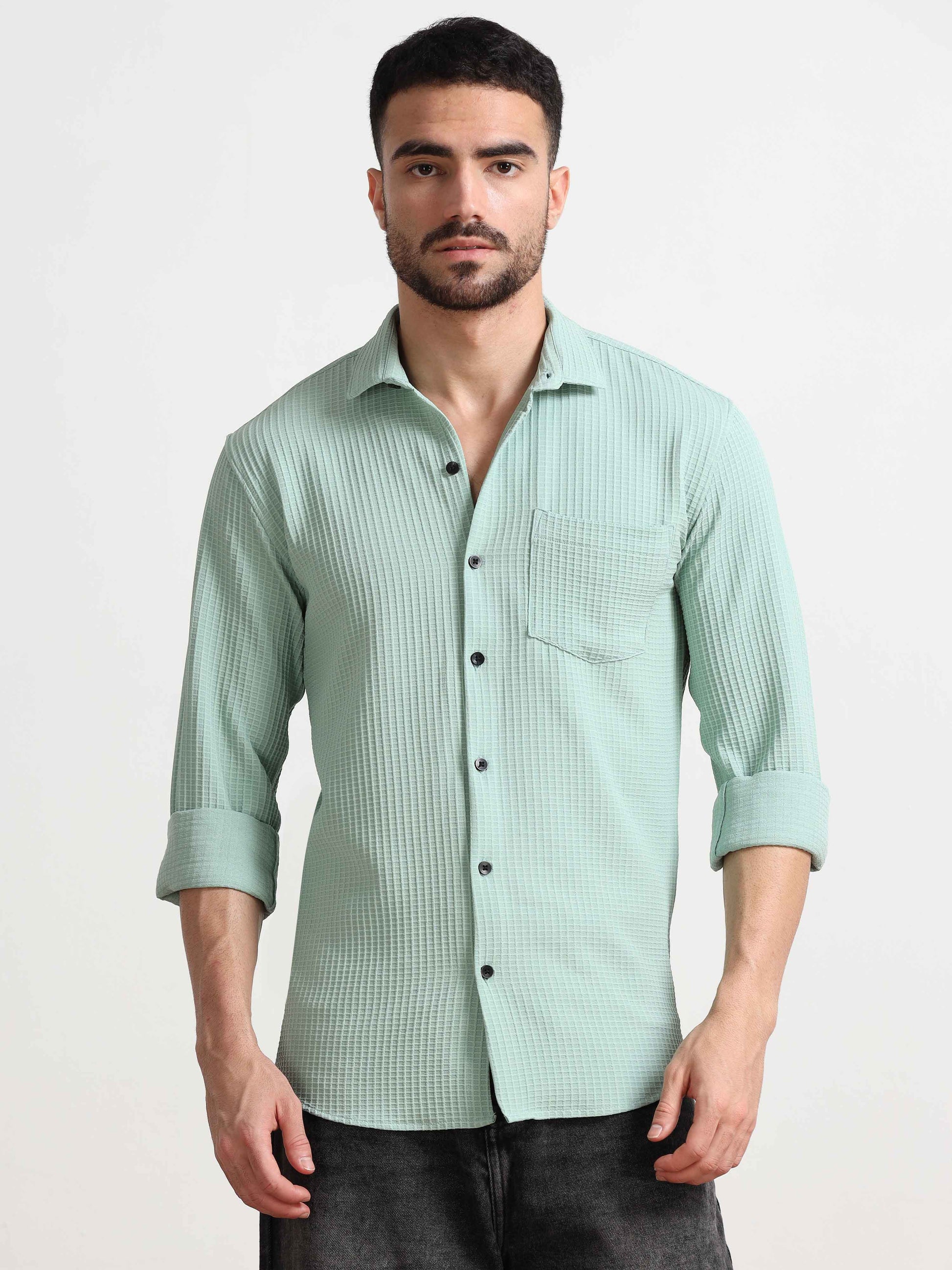 Mint Waffle Popcorn Textured Shirt for Men