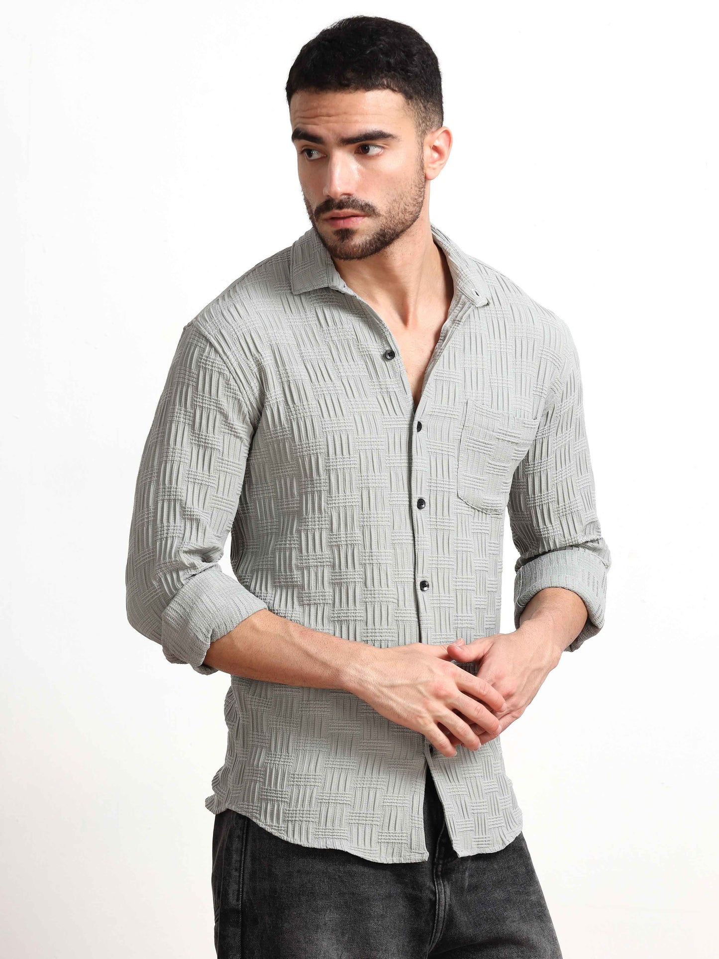 Grey Bricks Textured Popcorn Shirt for Men 