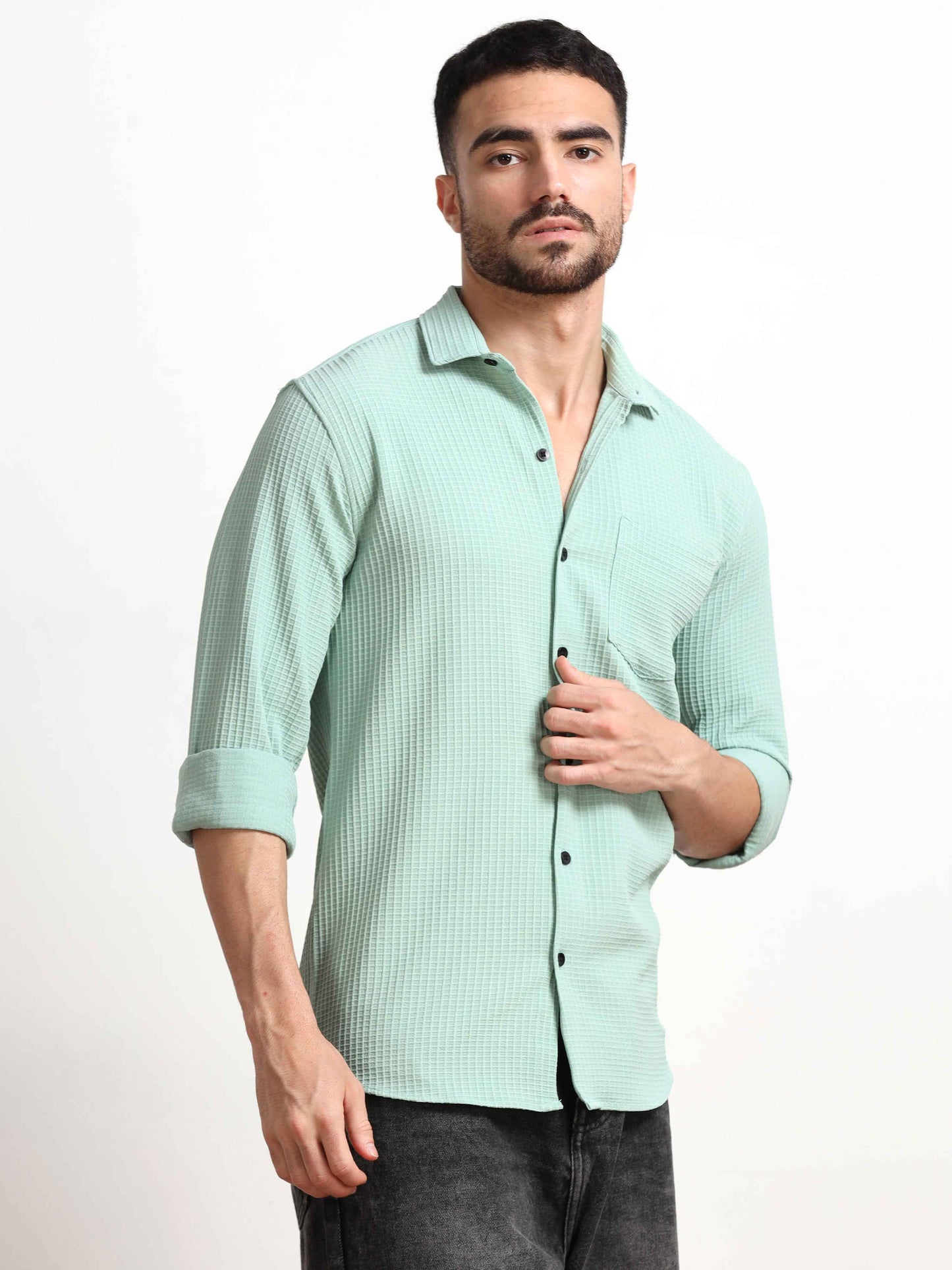 Mint Waffle Popcorn Textured Shirt for Men