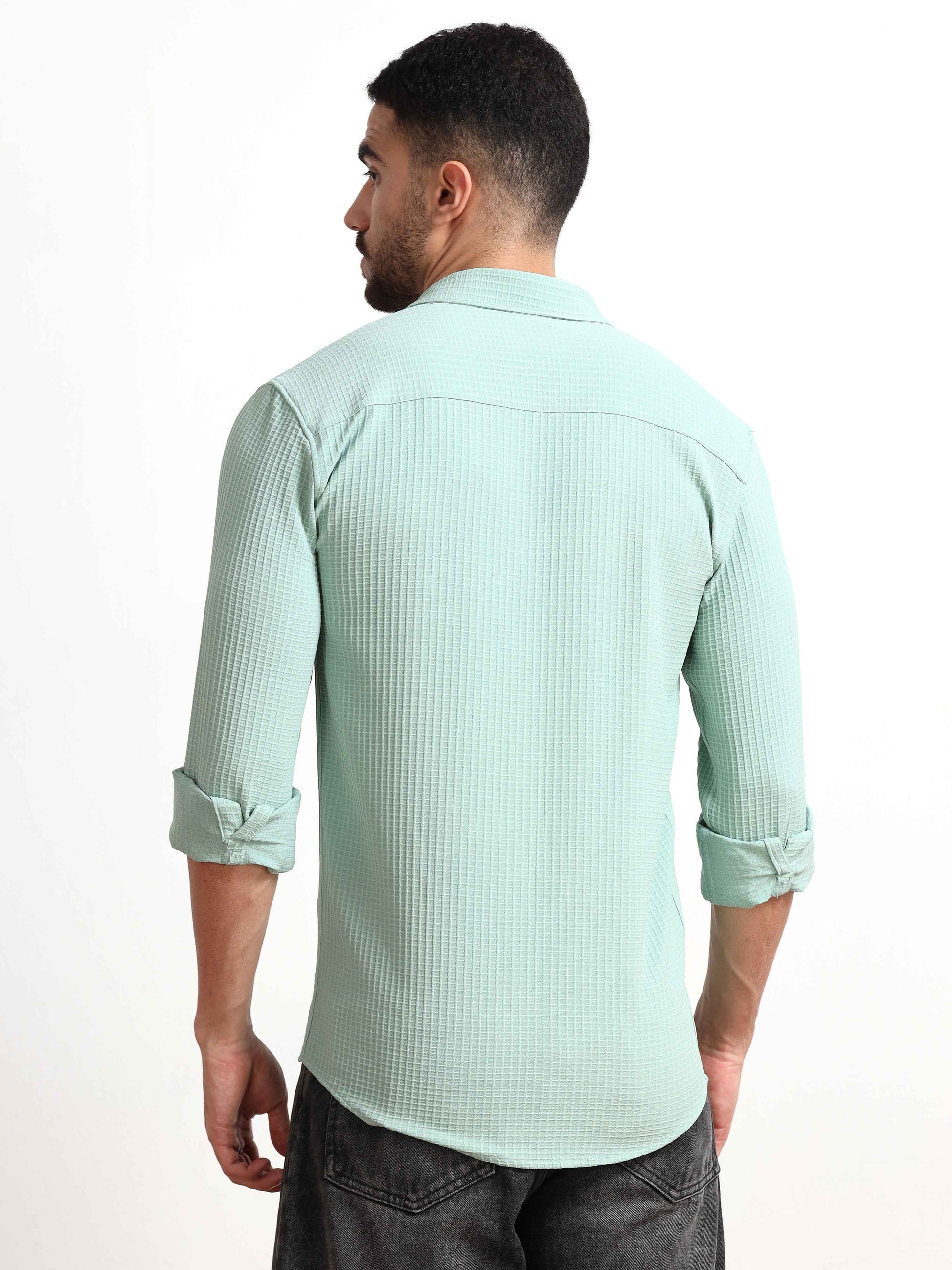 Mint Waffle Popcorn Textured Shirt for Men