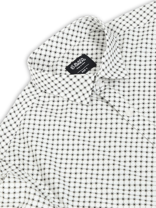 Men’s White & Black Geometric Printed Slim Fit Casual Shirt By Black Thread