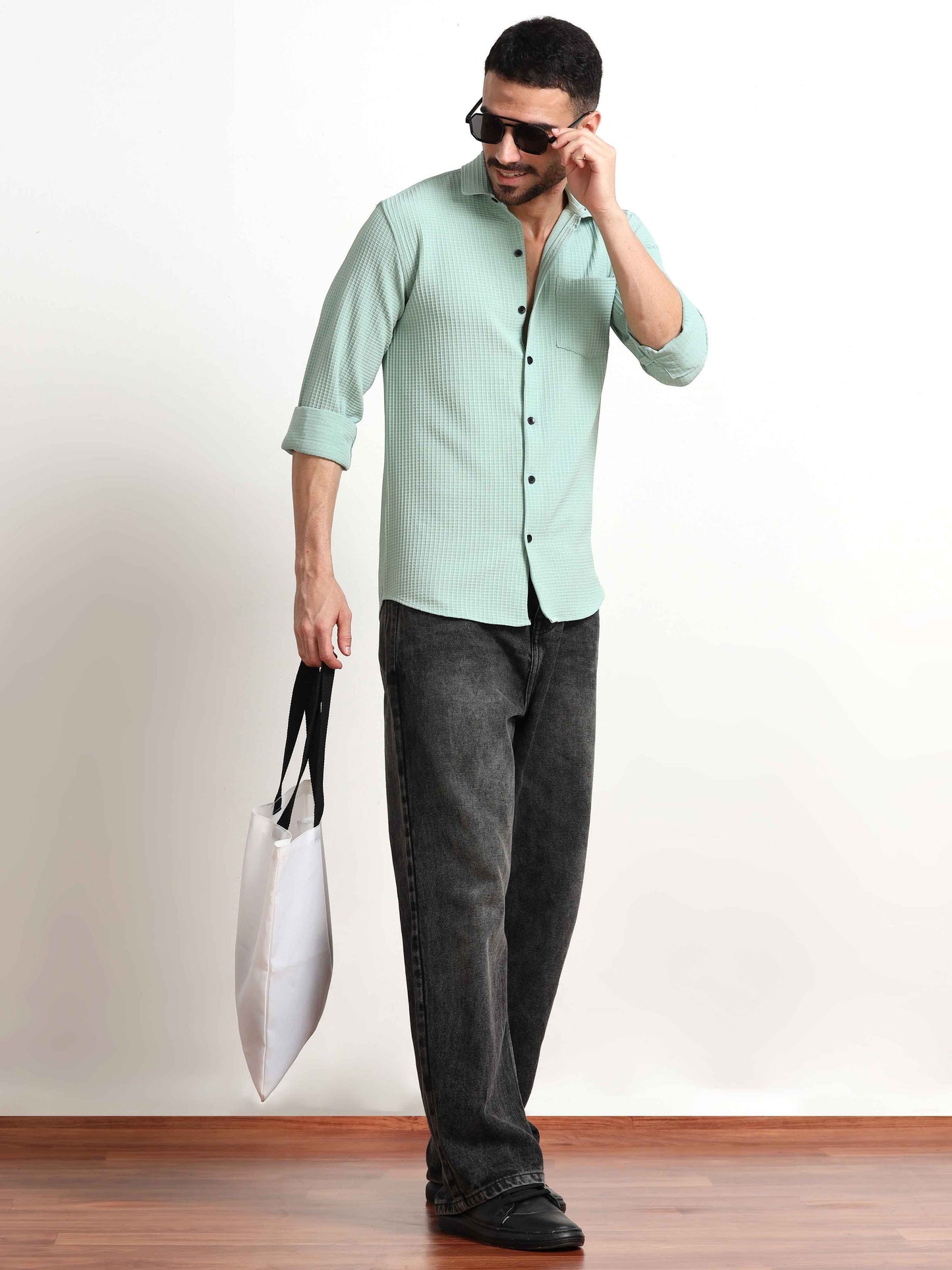 Mint Waffle Popcorn Textured Shirt for Men