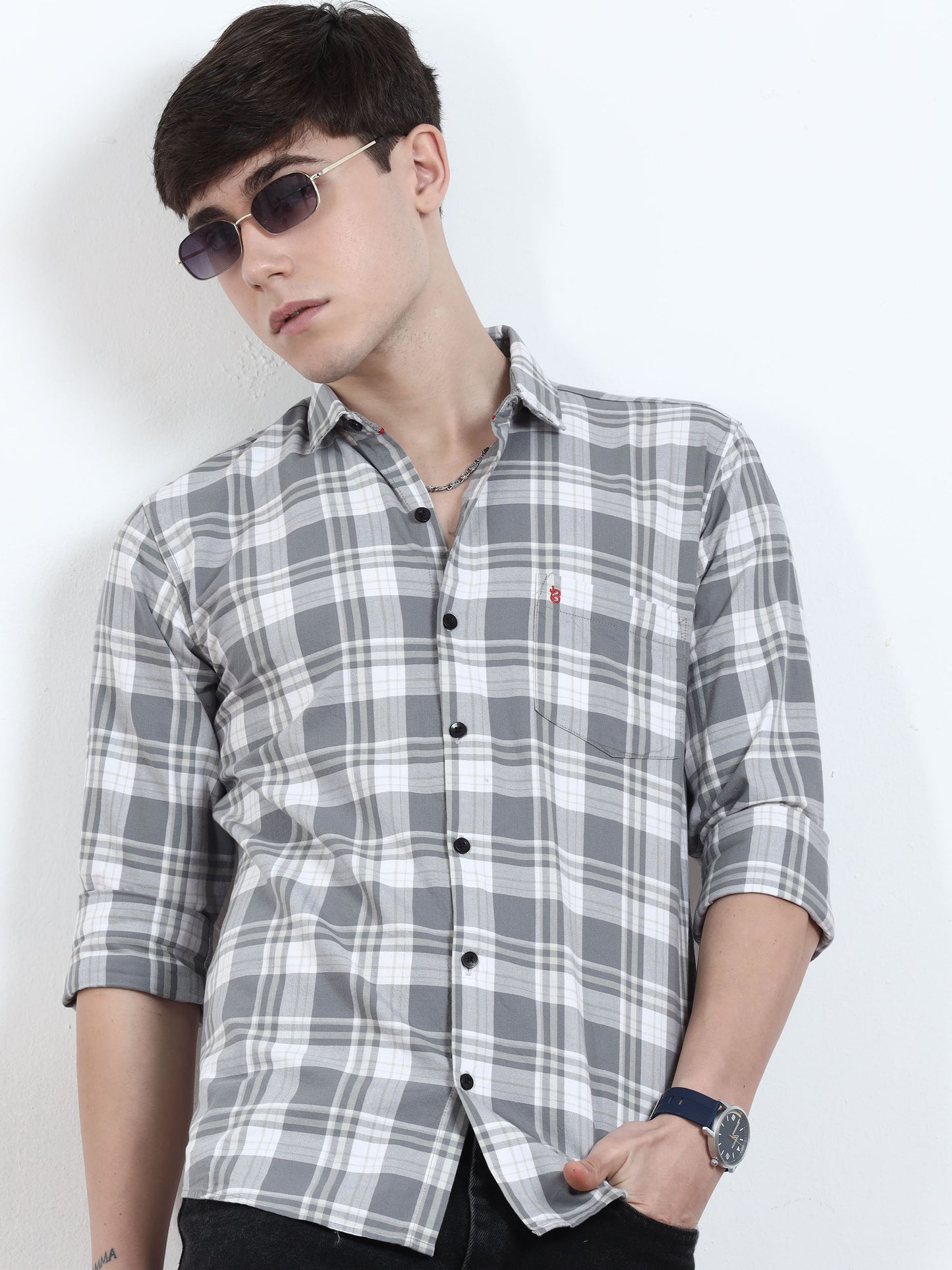 Classic Grey And White Check Shirt​ For Men 