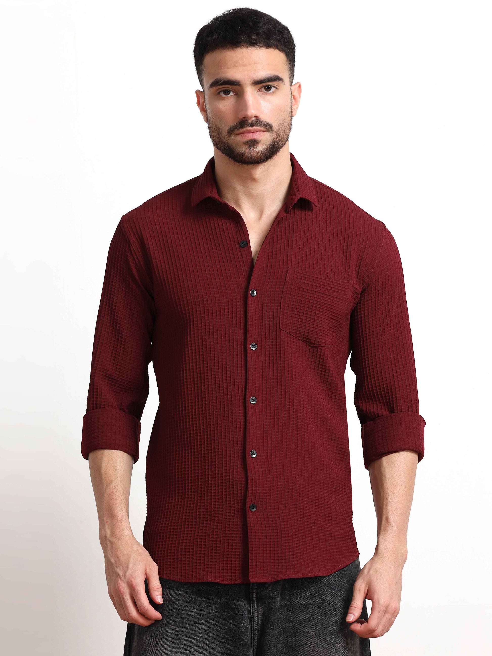 Dark Red Lines Popcorn Textured Shirt Mens