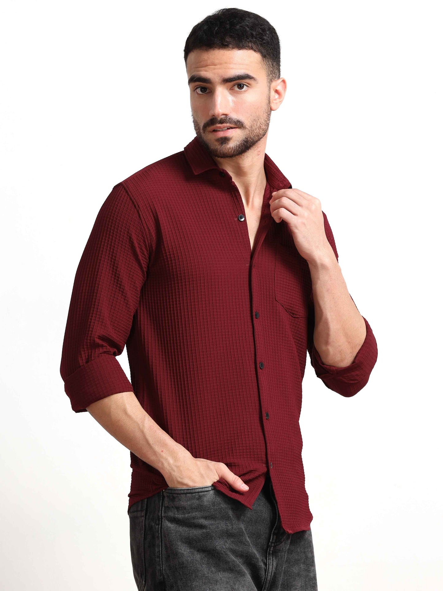 Dark Red Lines Popcorn Textured Shirt Mens