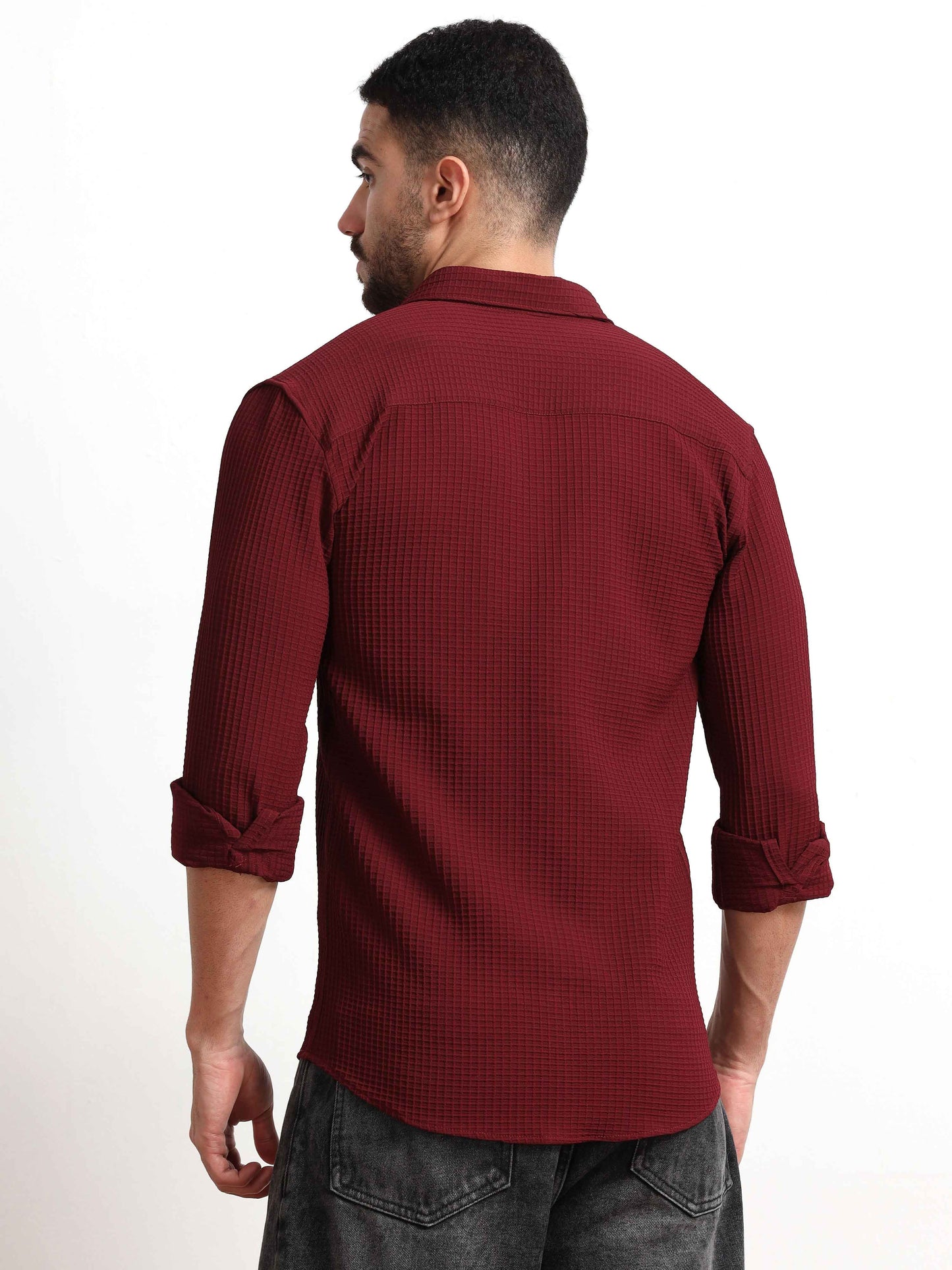 Dark Red Lines Popcorn Textured Shirt Mens