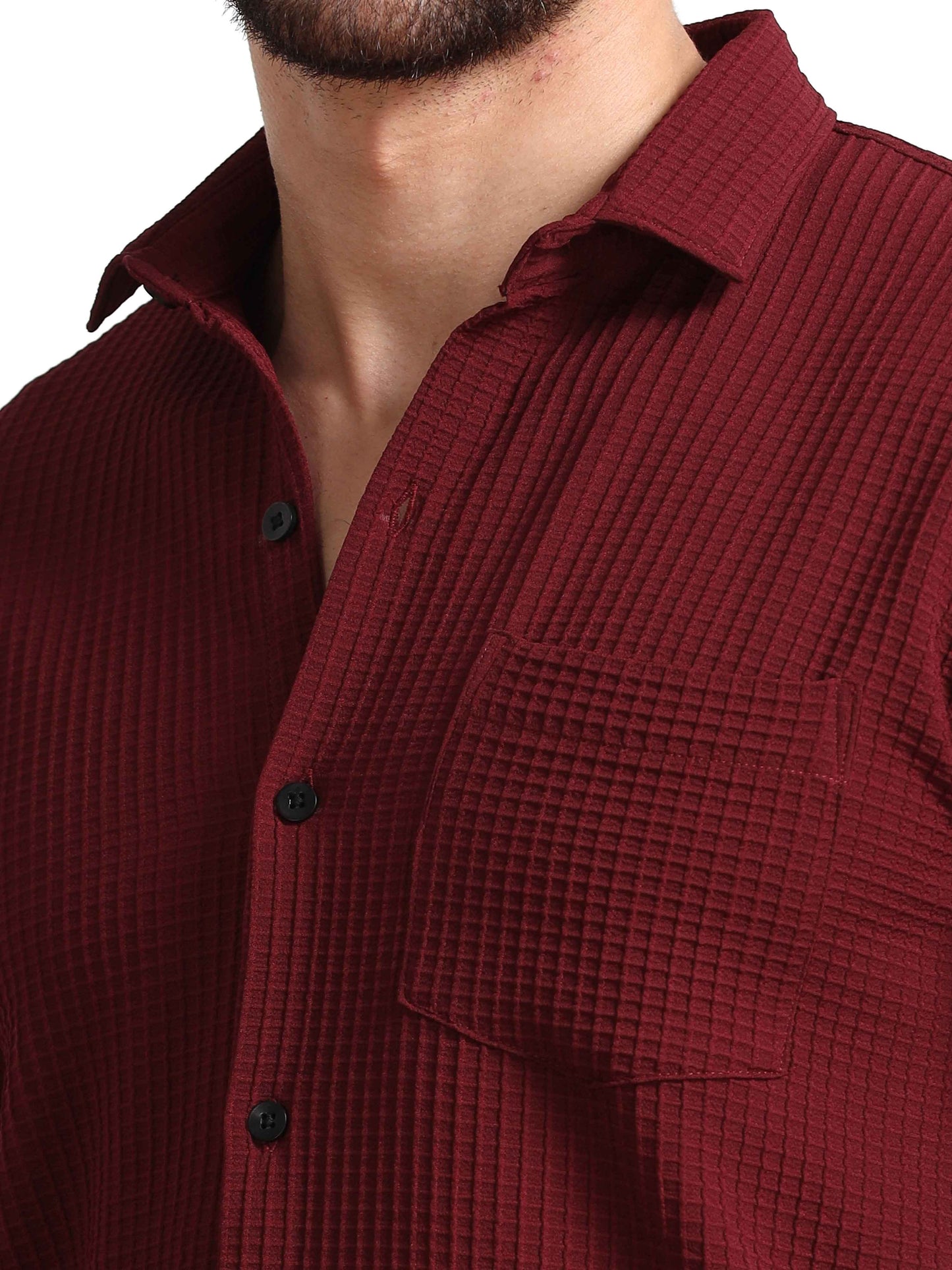 Dark Red Lines Popcorn Textured Shirt Mens