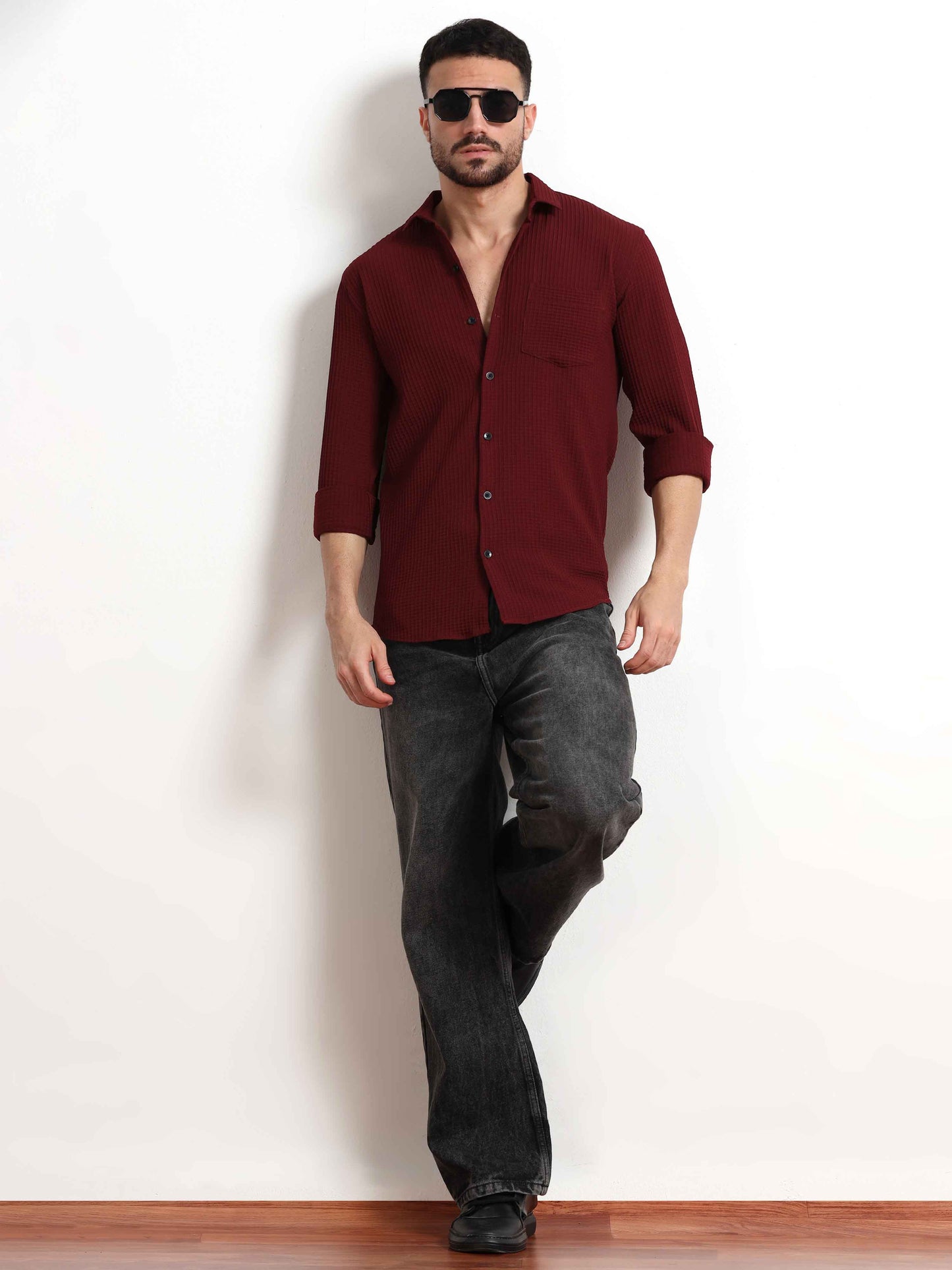 Dark Red Lines Popcorn Textured Shirt Mens