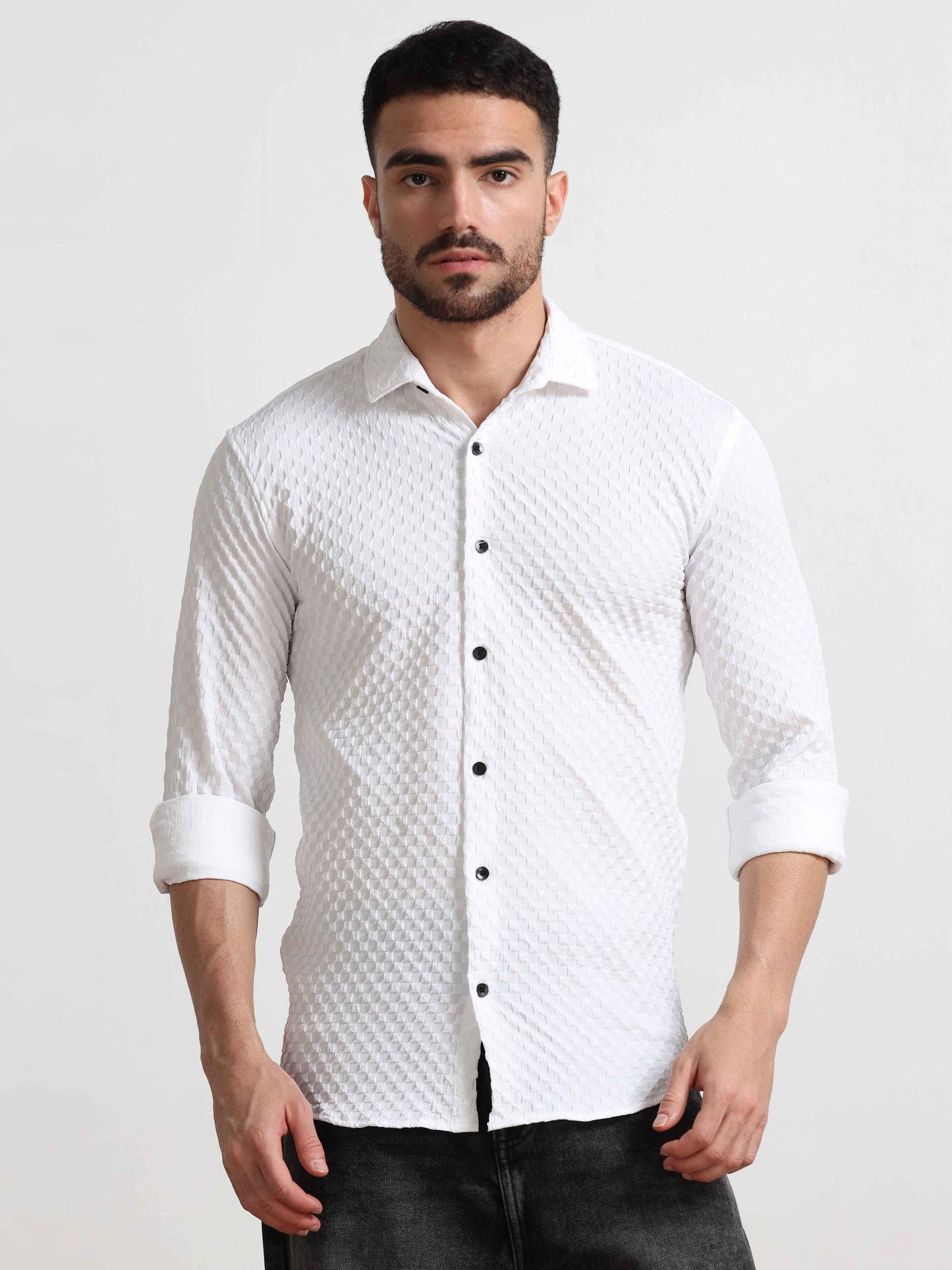 Checked Popcorn White Texture Shirt For Men