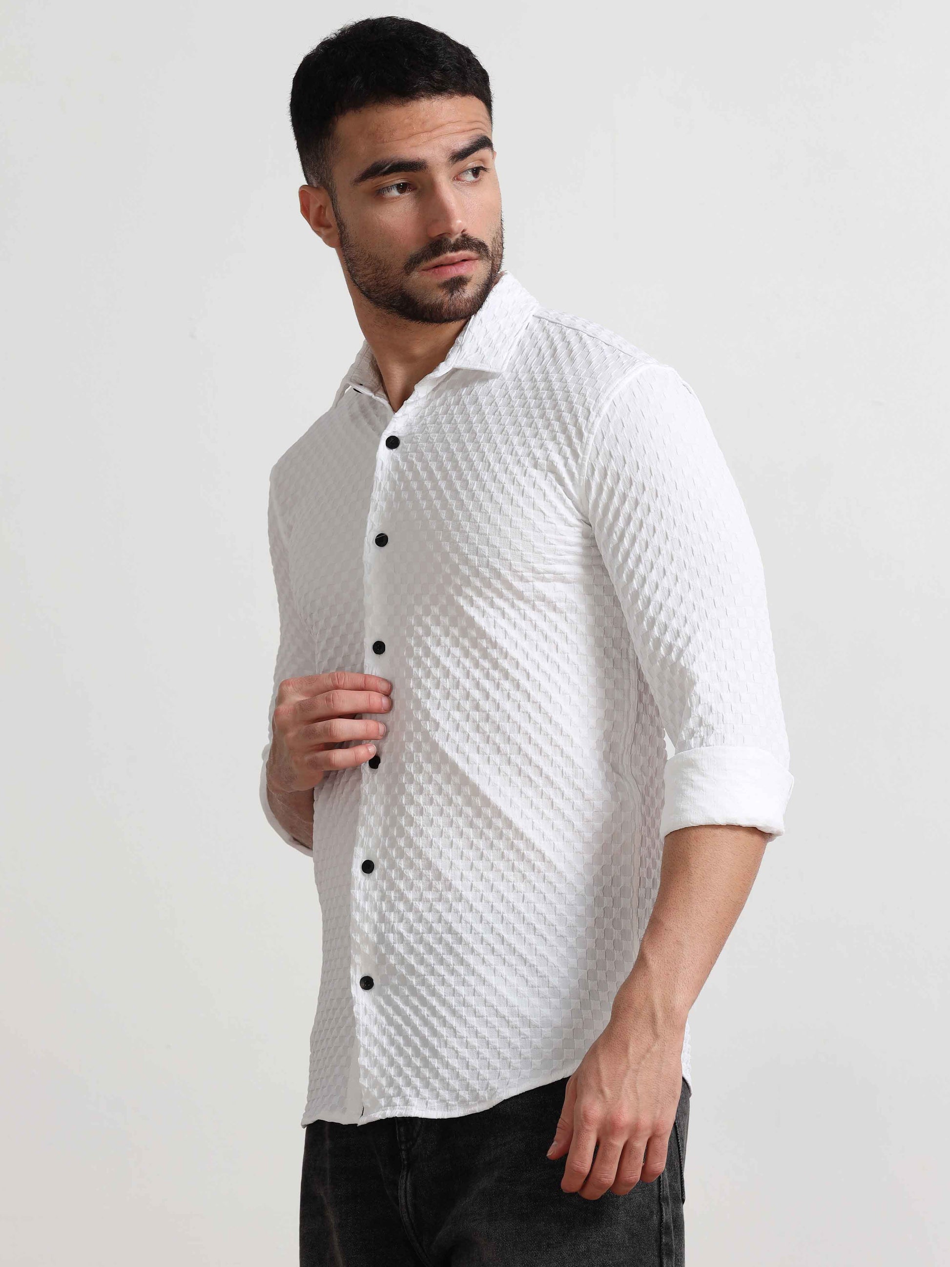 Checked Popcorn White Texture Shirt For Men