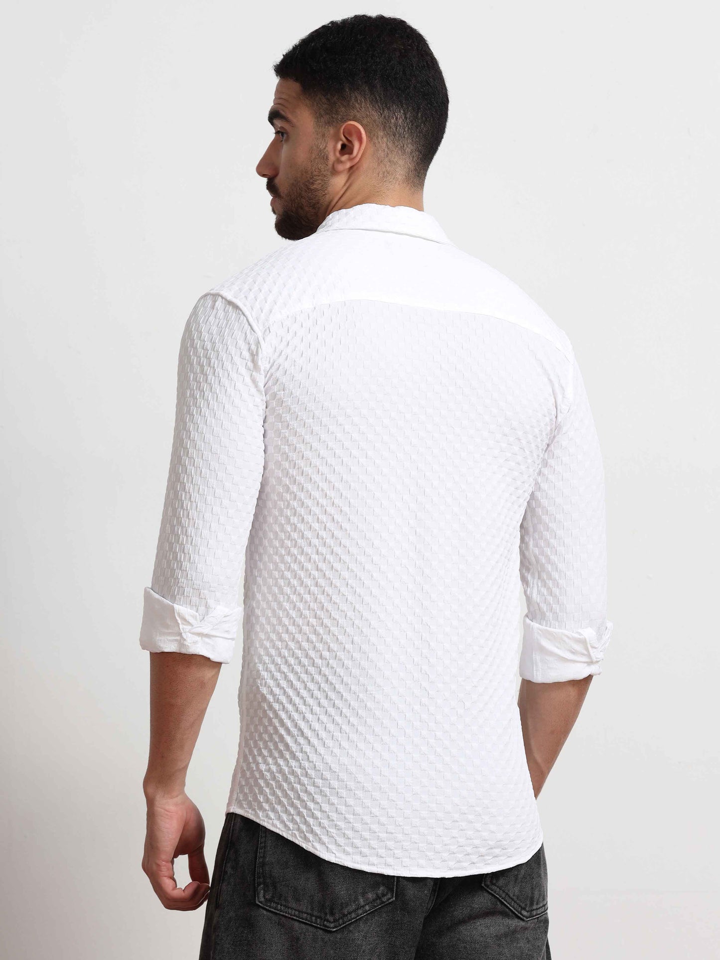 Checked Popcorn White Texture Shirt For Men