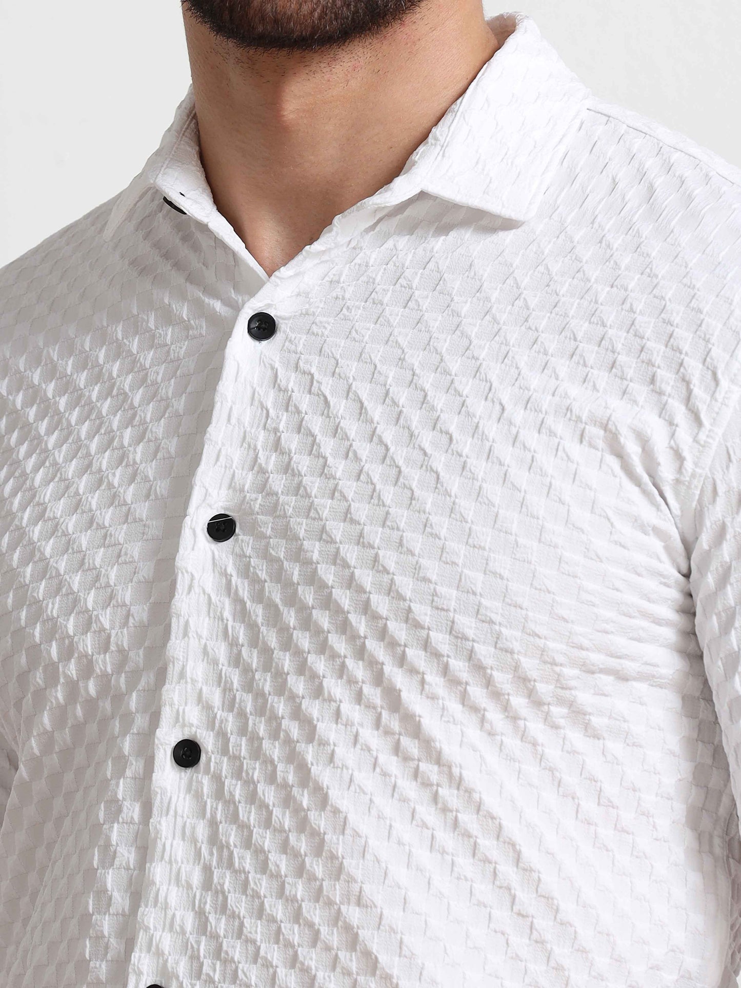 Checked Popcorn White Texture Shirt For Men