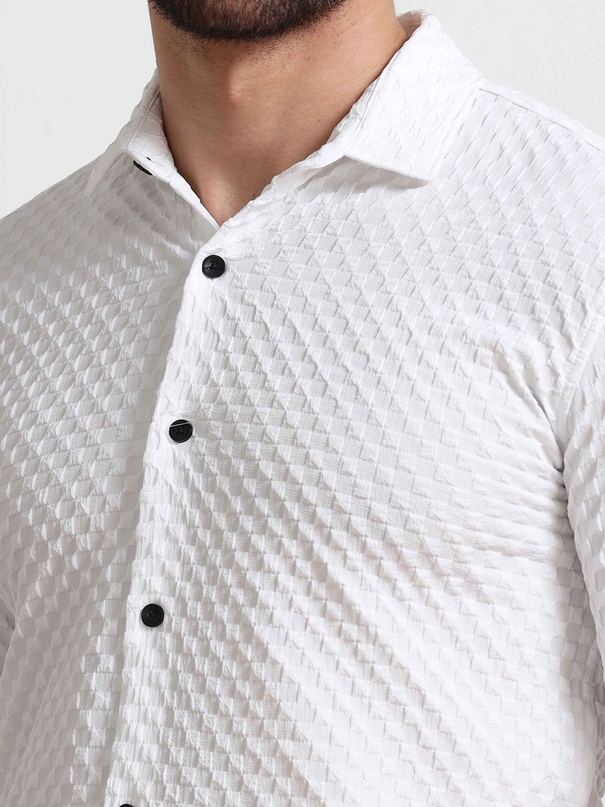 Checked Popcorn White Texture Shirt For Men