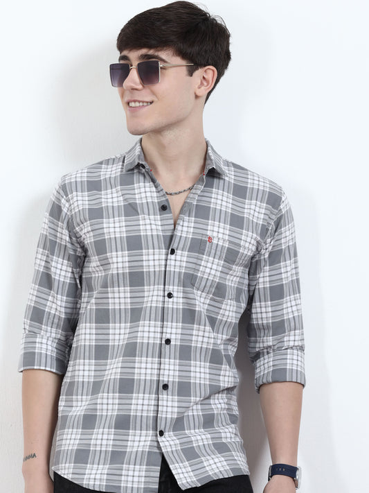  Classic Oslo White And Grey Check Shirt For Men