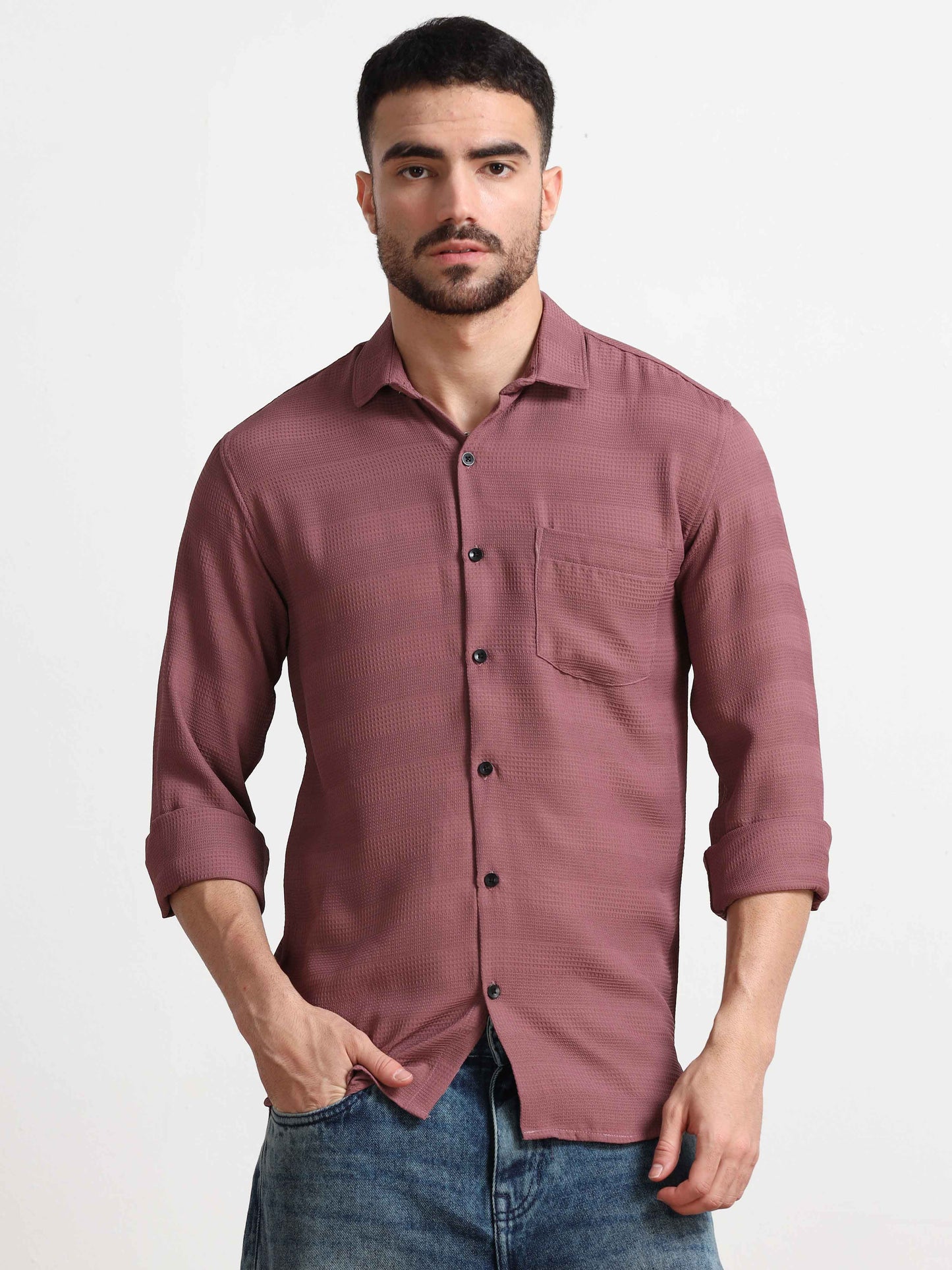 WineTextured Popcorn Full Sleeves Shirt For Men