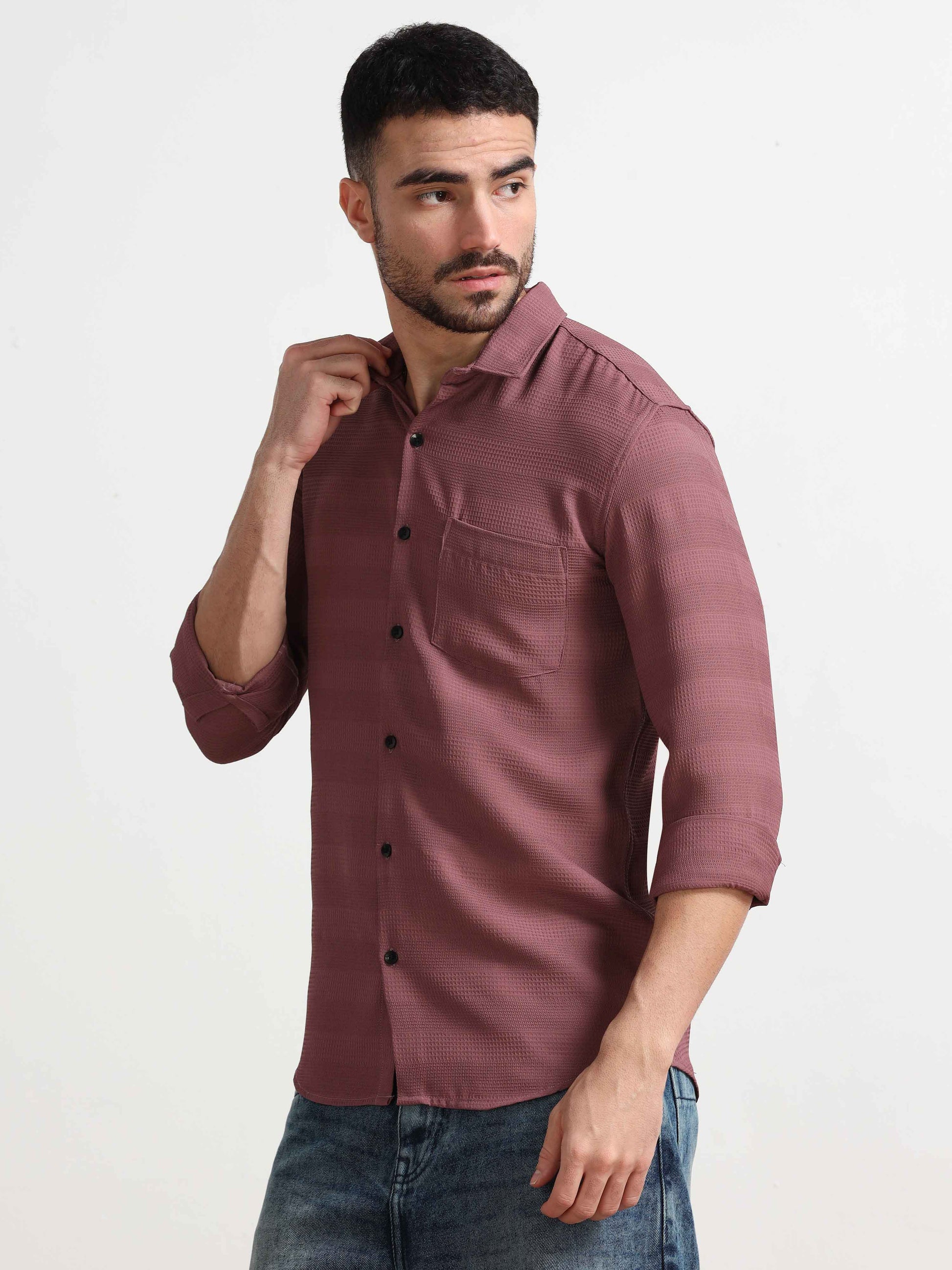 WineTextured Popcorn Full Sleeves Shirt For Men